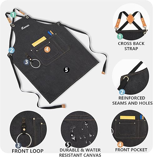 Miniatura 2 de Delantales de lona para mujeres y hombres, delantal de chef personalizado, para taller, cocina, carpintería, jardinería, camarero Negro