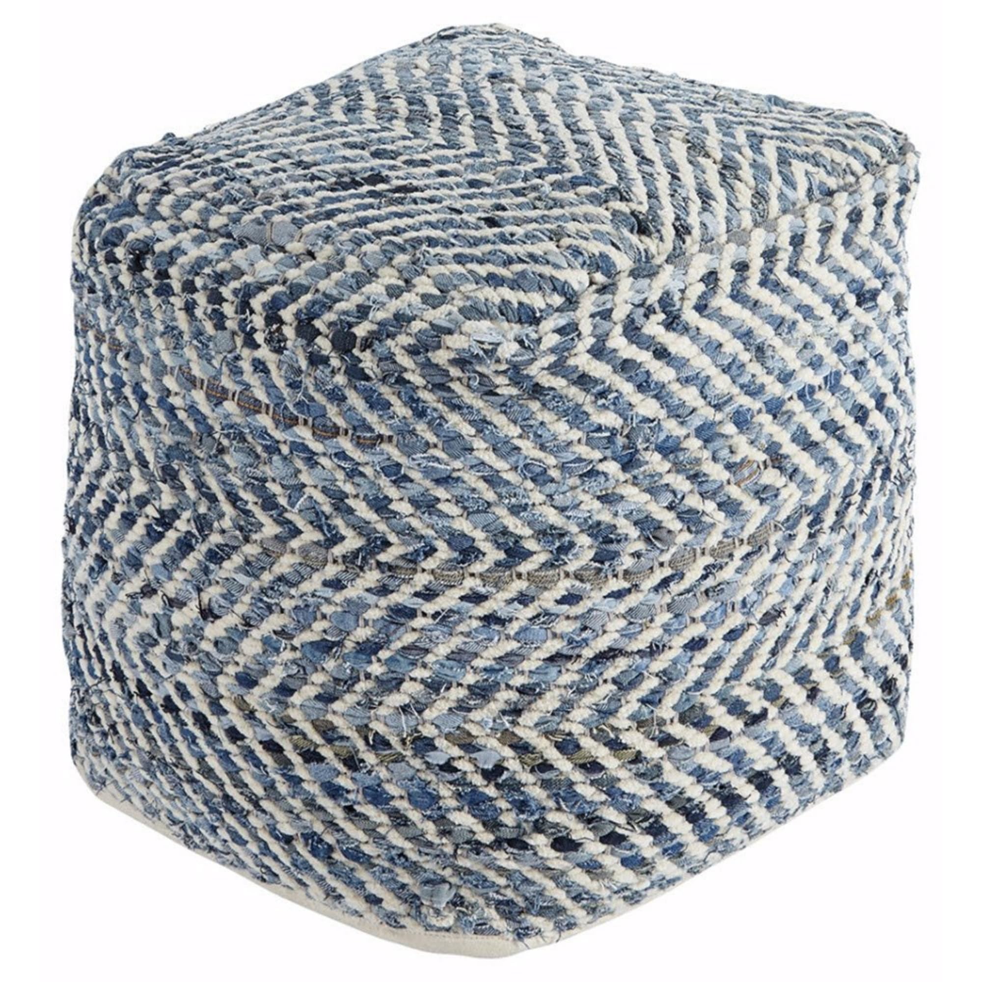 Signature Design by Ashley Chevron Handmade Woven Pouf 18 x 18, Blue and White