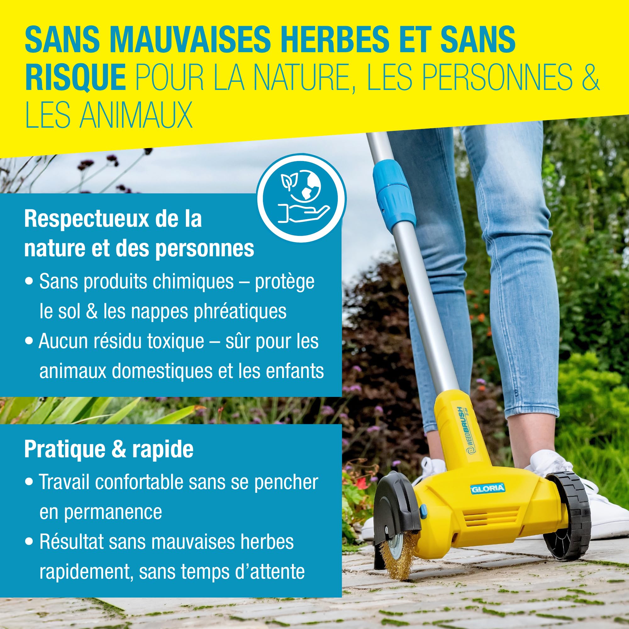 GLORIA Brosse à Joints WeedBrush li-on | Compatible Batterie Bosch 18V | Sans batterie | Brosse désherbeur pour terrasse, allée et pavés | Désherbage pierre & carrelage | Brosse métallique incluse
