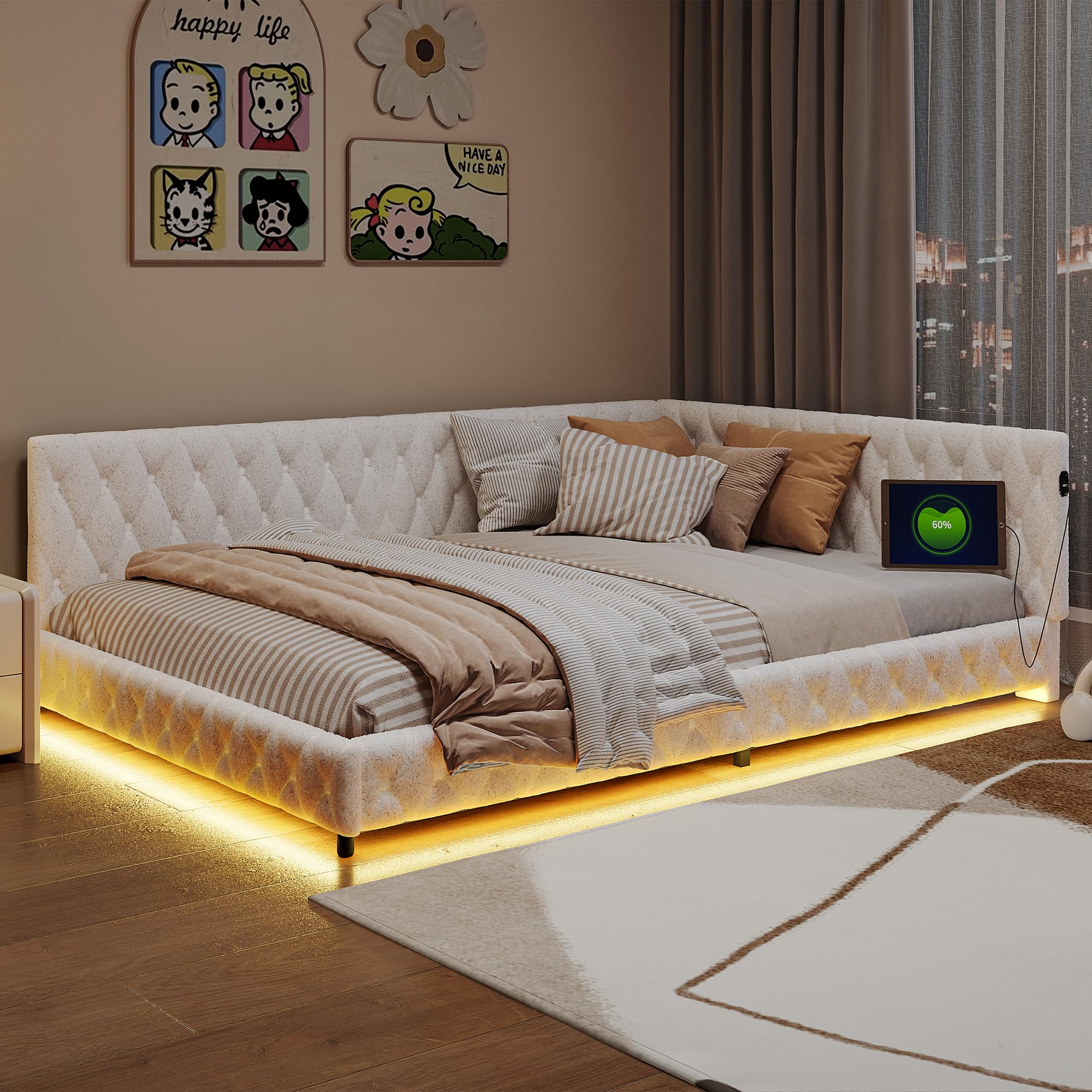 Polsterbett Schlafsofa 140x200 cm mit LED-Beleuchtung und USB-Anschluss, Bettgestell mit Lattenrost & Kopfteil, Multifunktionales Tagesbett Daybett Jugendbett für Gäste und Wohnzimmer(Typ B+ Beige)