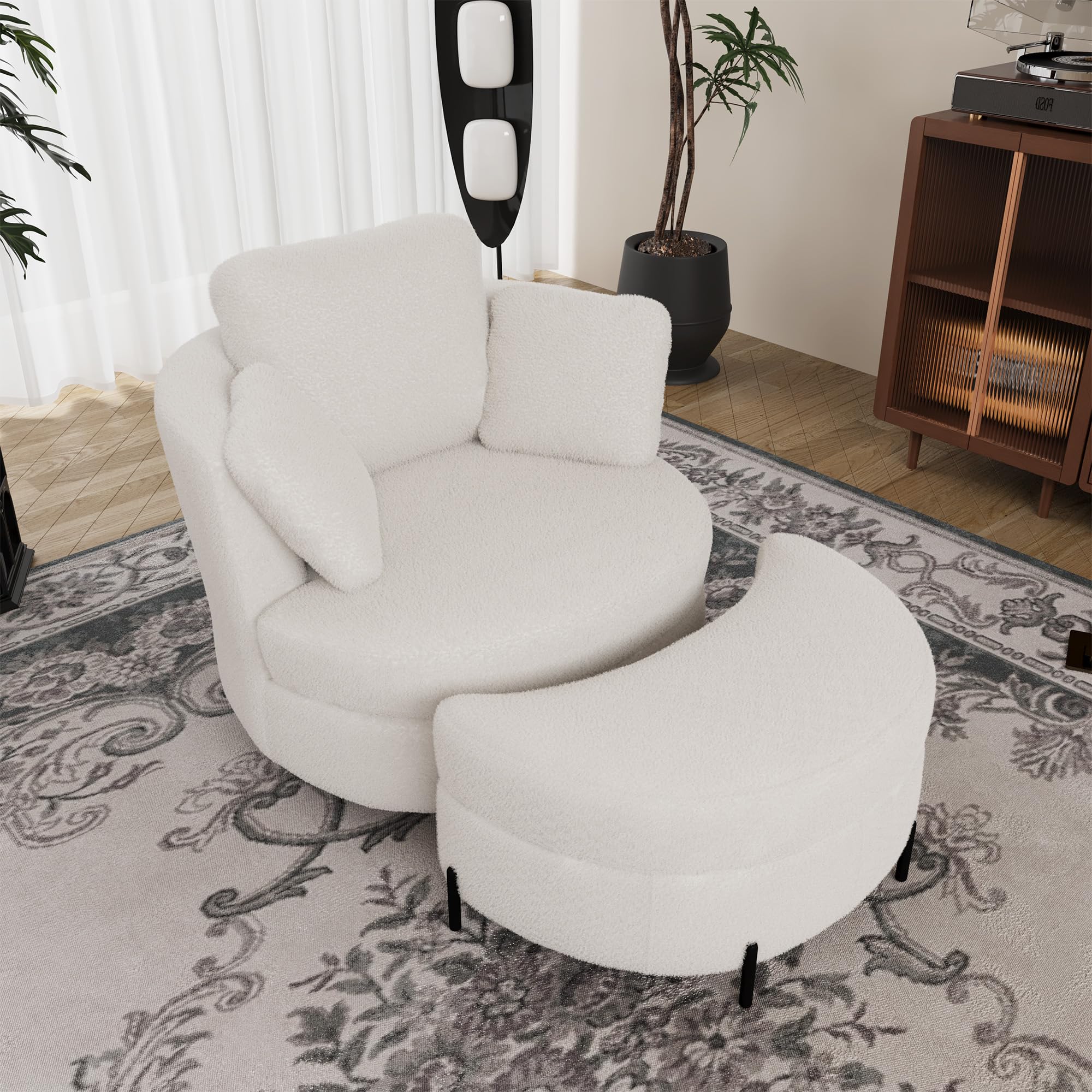 Sillón giratorio grande con taburete y espacio de almacenamiento, giratorio 360 °, sillón de chenilla con cojín, cómodo sillón de lectura, sillón de relax para salón dormitorio (Ivory)