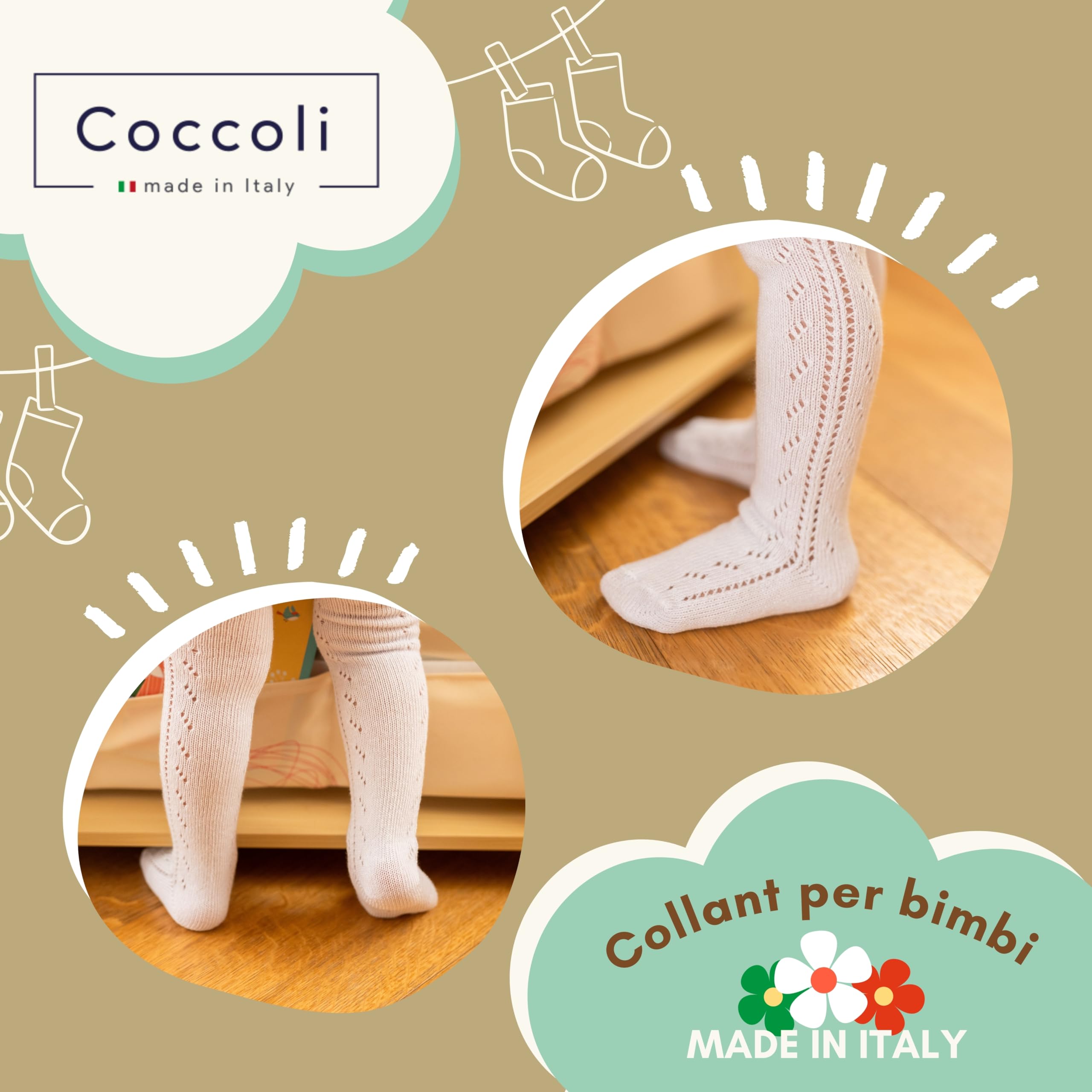 Coccoli | 2 Paia Collant Bambina e Neonata, Calze in Cotone Elasticizzato con Motivo Traforato a Tinta Unita, Made in Italy