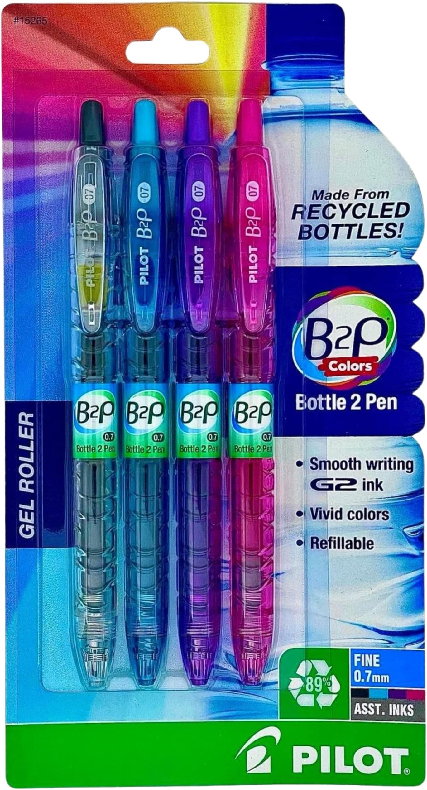 PILOT B2P Colors (NEW! 2020) - Bottle to Pen Refillable & Retractable Rolling Ball Gel Pen Made From Recycled Bottles, Fine Point, Color G2 Inks, 4-Pack