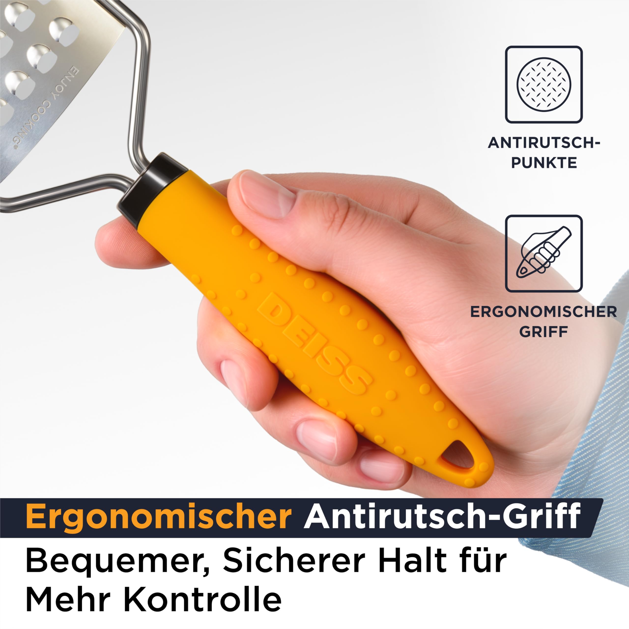 Deiss Pro grobe Reibe und Hand-Käsereibe – scharfe Edelstahlklingen, rutschfester Griff, kleine Käsereibe für Küche, Aktenvernichter, spülmaschinenfest