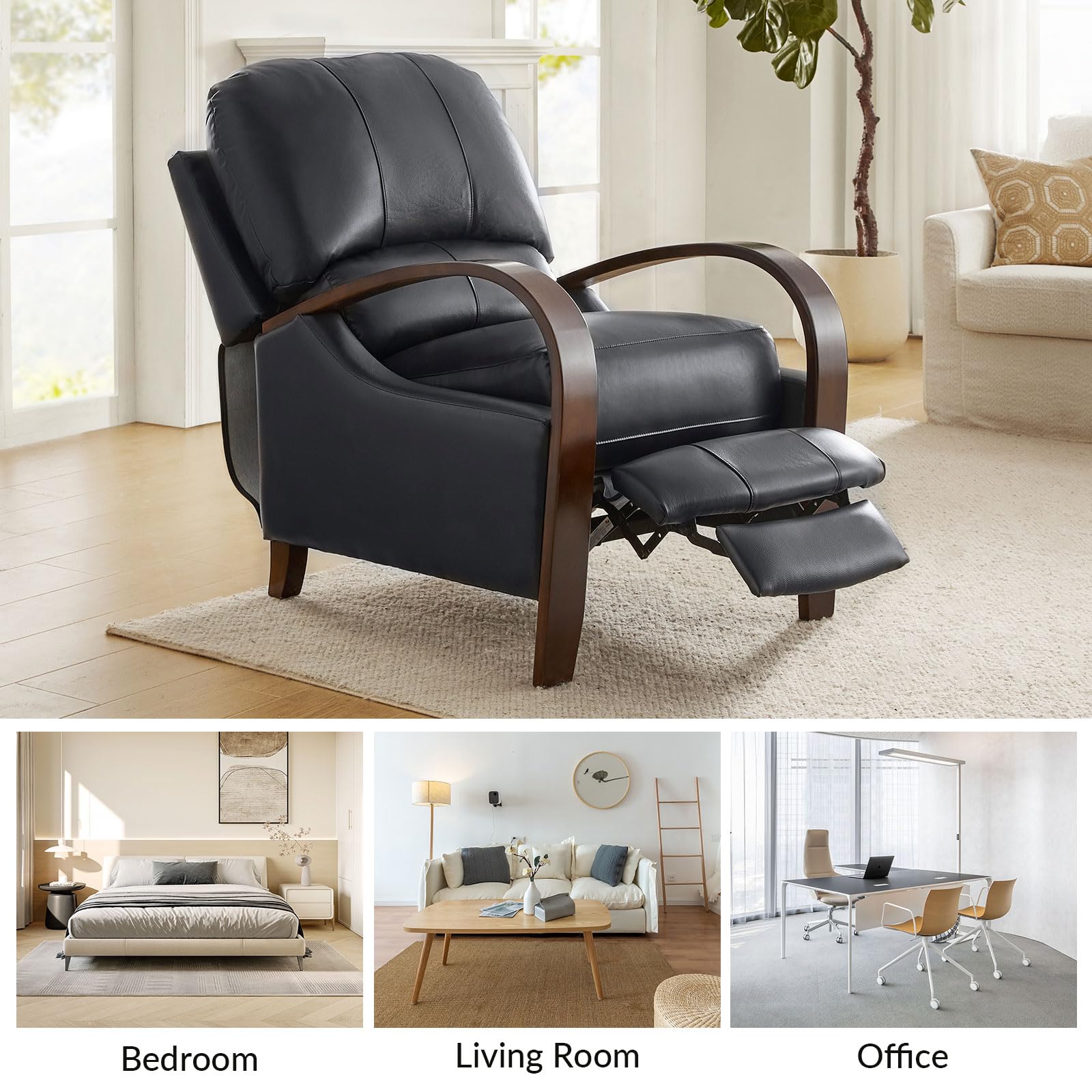 HULALA HOME Genuine Leather Manual Recliner with Wood Armrest & Feet ...