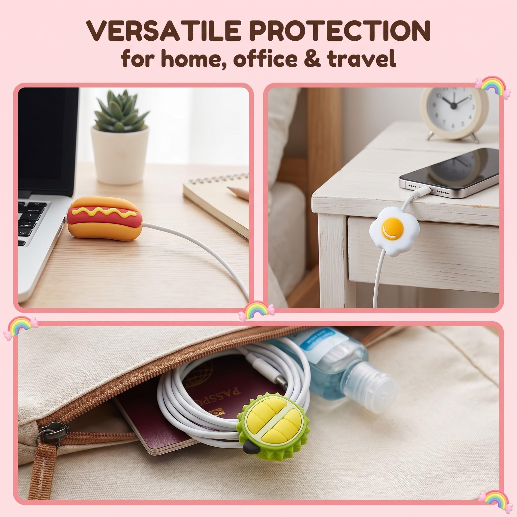 10 Pezzi Protezione Cavo Caricabatterie, Copri Cavo USB in Silicone a Forma di Cartone Animato (Avocado, Hamburger, Patatine), Proteggi Cavo Anti-Rottura Universale per Smartphone e Tablet