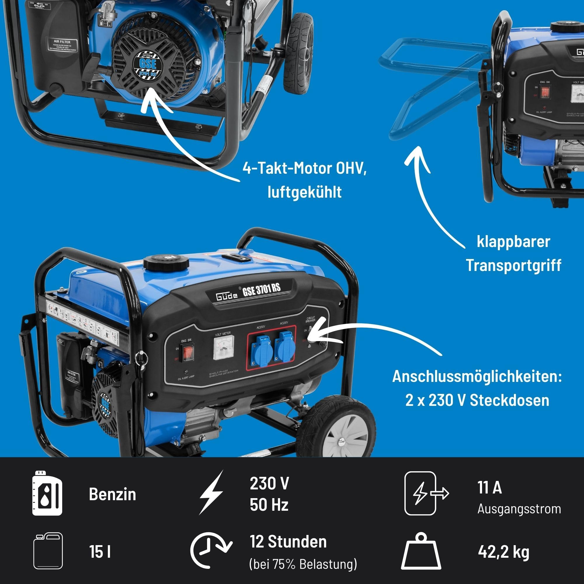 Güde Stromerzeuger GSE 3701 RS (4-Takt Motor, Benzin, 4/5,5 (kW/PS), 2x 230 V Steckdosen, max. 2800 W, Laufzeit bis 16 h, Tank 15 L, AVR, Überlastungsschutz, Fahrwerk, TÜV/GS, TEST GUT- SEHR GUT)