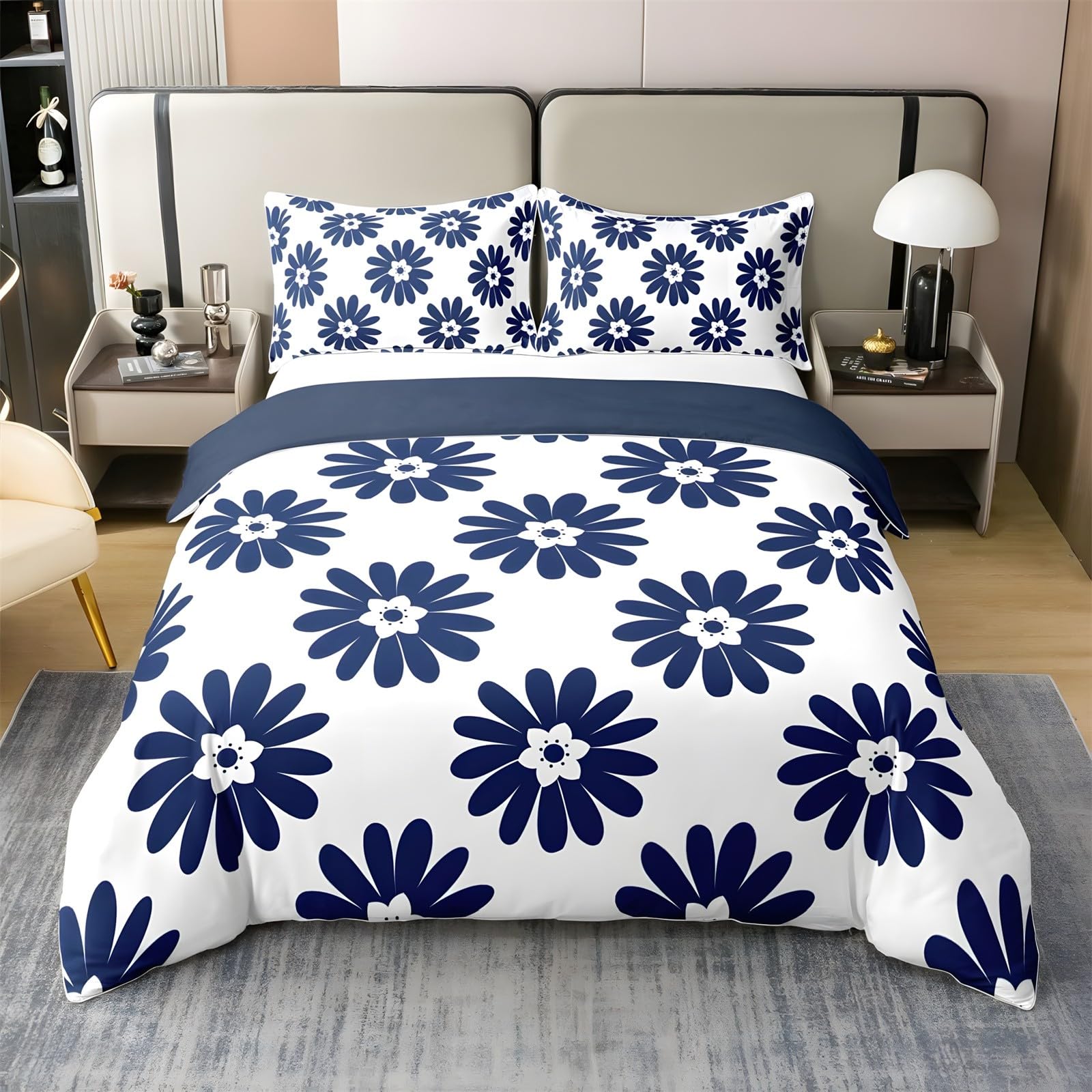 Funda Nordica Cama 90 Infantil Flores azulesRopa de Cama Minimalista Microfibra Suave y Cómoda con Cremallera Funda Edredon 150x200-2 Fundas Almohada 50x75 GH740