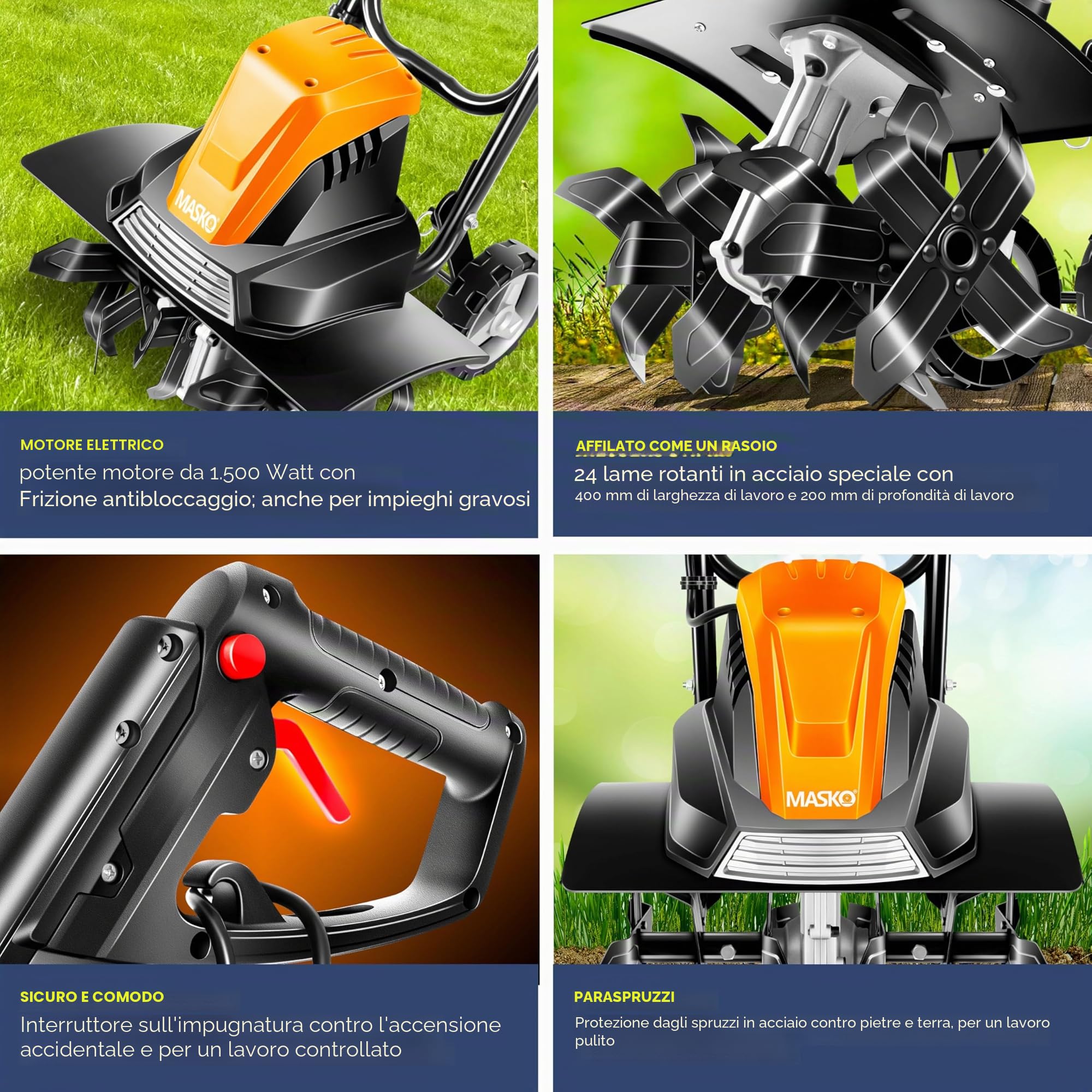 MASKO® Motozappa elettrica 1500W | larghezza di lavoro 40 cm - profondità di lavoro 20 cm | zappatrice per terreno | fresatrice agricola - coltivatore - fresa da giardino | zappatrice elettrica