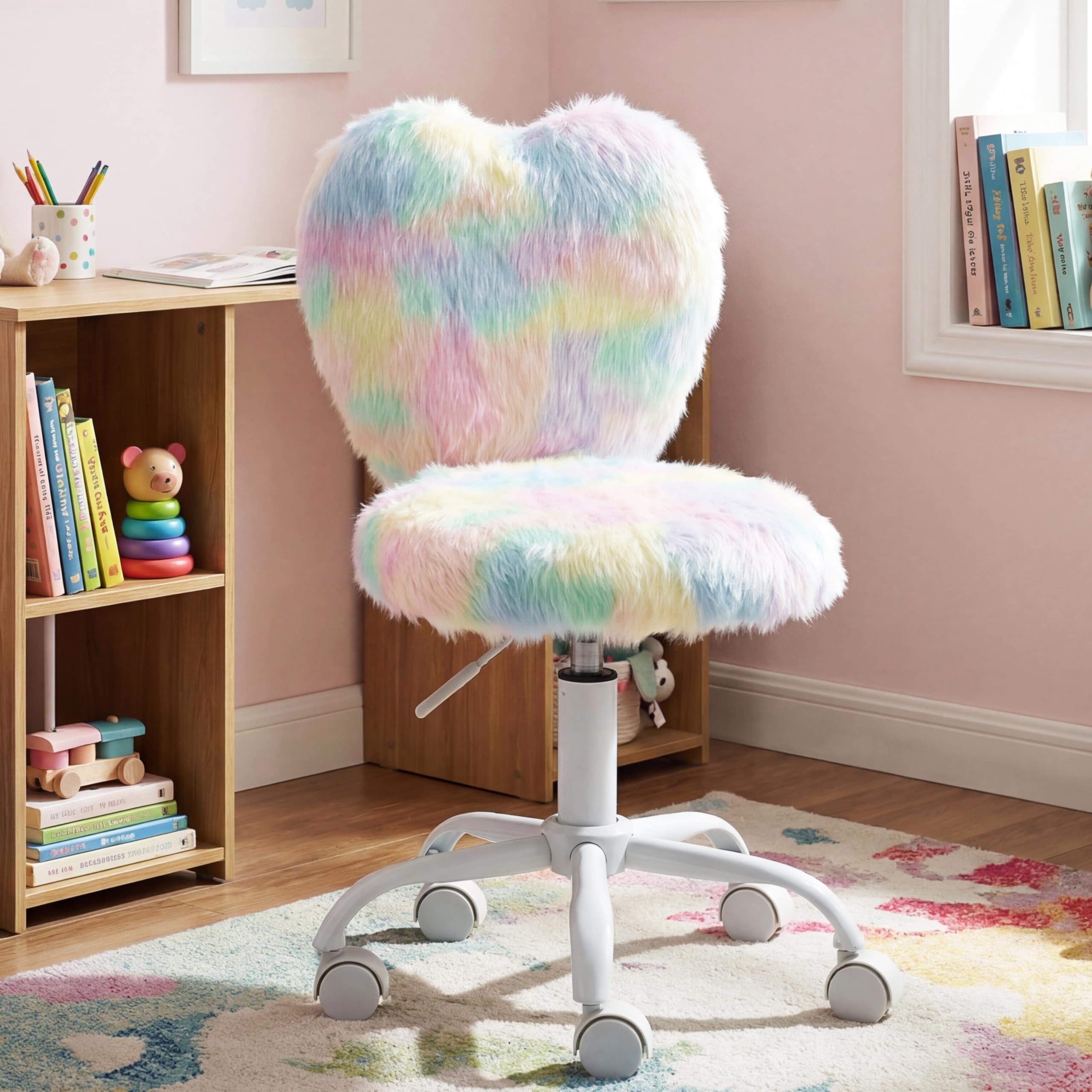 Cute Fuzzy Kids Chair Comfy Study Desk Chair Furry Studing Computer Task Chairs Faux Fur Swivel Vanity Chairs for Girls Bedroom, Multi-Color