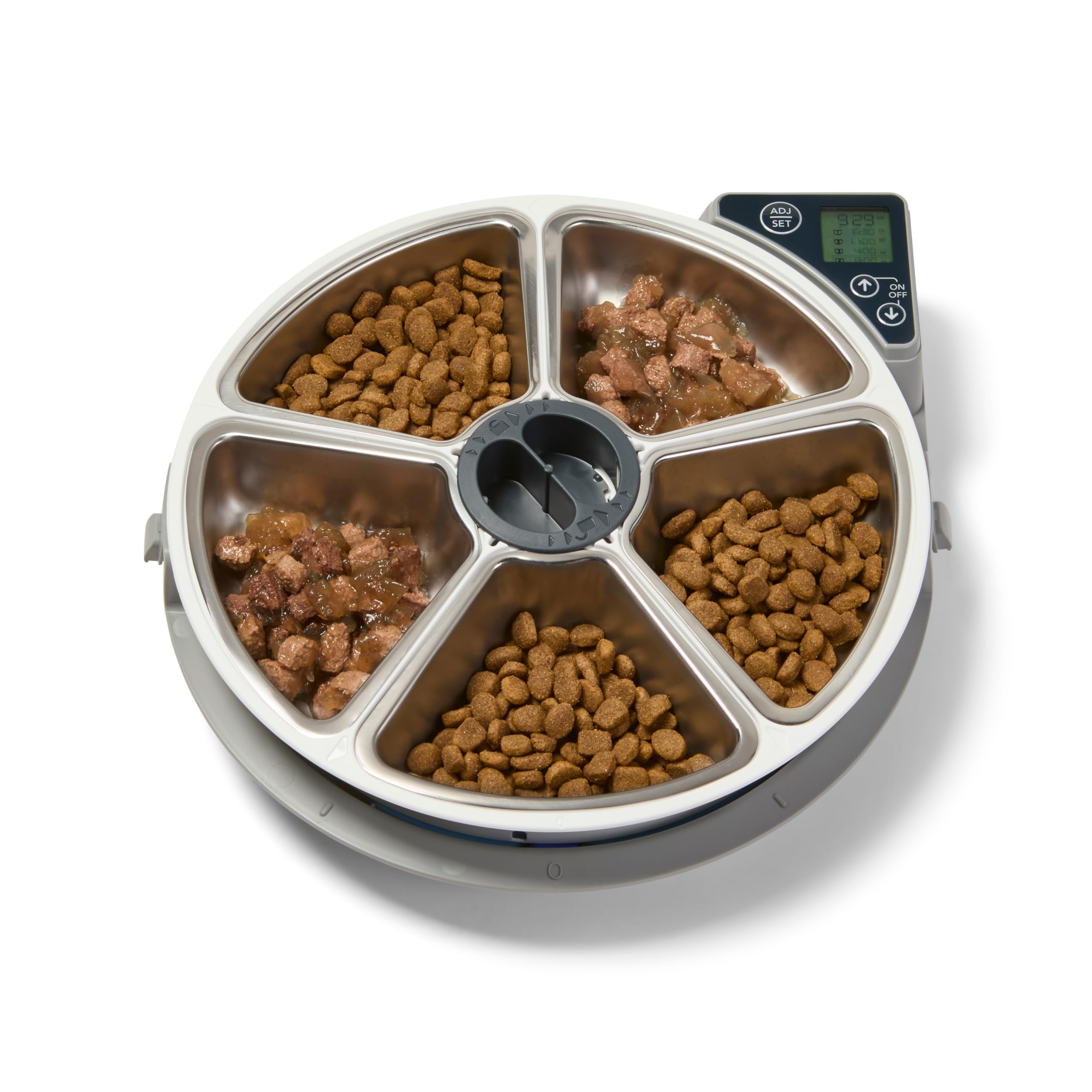 Closer Pets C500 automatyczny karmnik dla zwierząt domowych na 5 posiłków, zawiera miski ze stali nierdzewnej, cyfrowy timer i podwójne opakowania na lód, do mokrej i suchej karmy, miski do 330 g