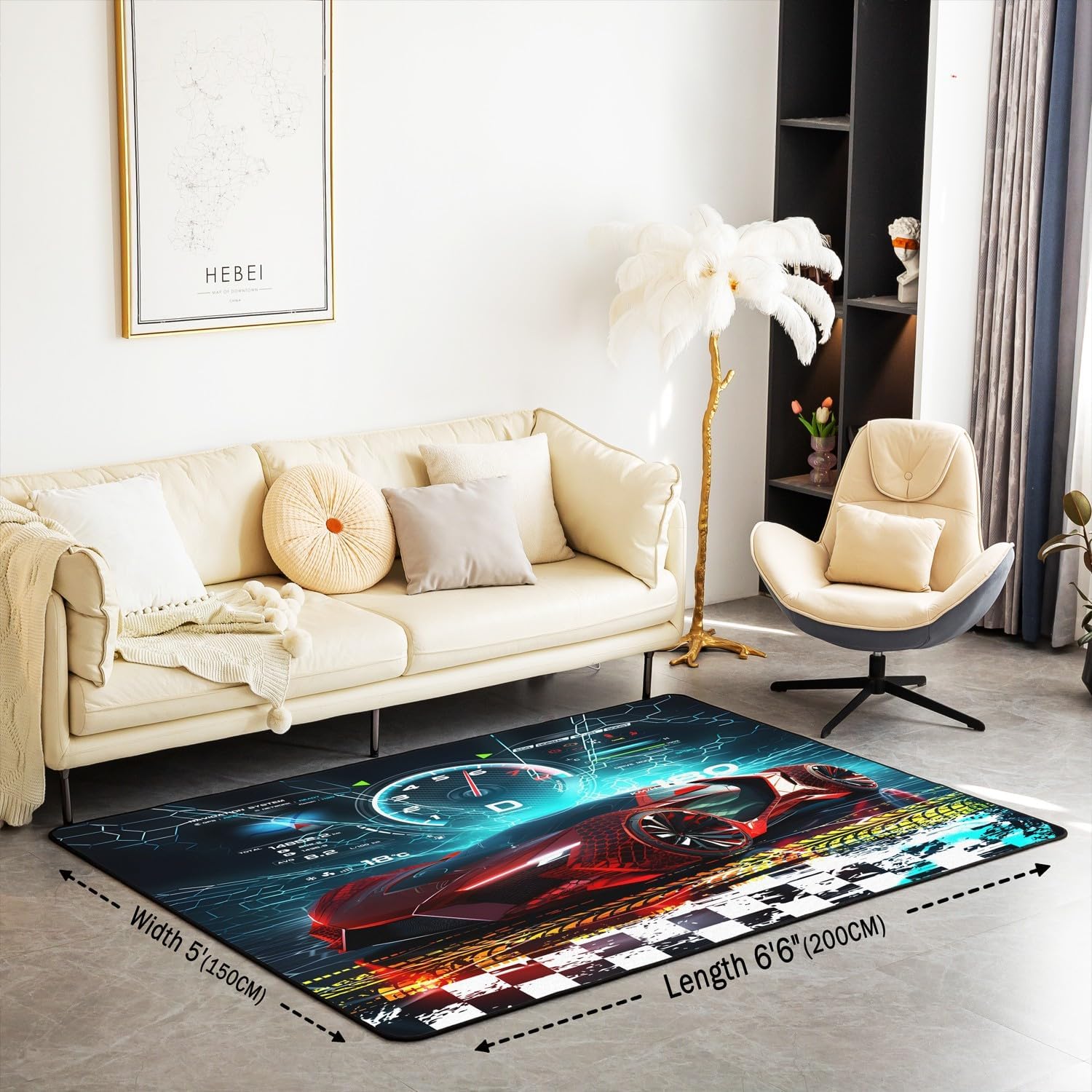 Race Sports Car Area Rug 5x7 Kids Racing Car Decorative Carpet for Boys Girls Teens Extreme Sports Living Room Rugs Black White Plaid Buffalo Check Indoor Floor Mat Room Decor Accent Rug