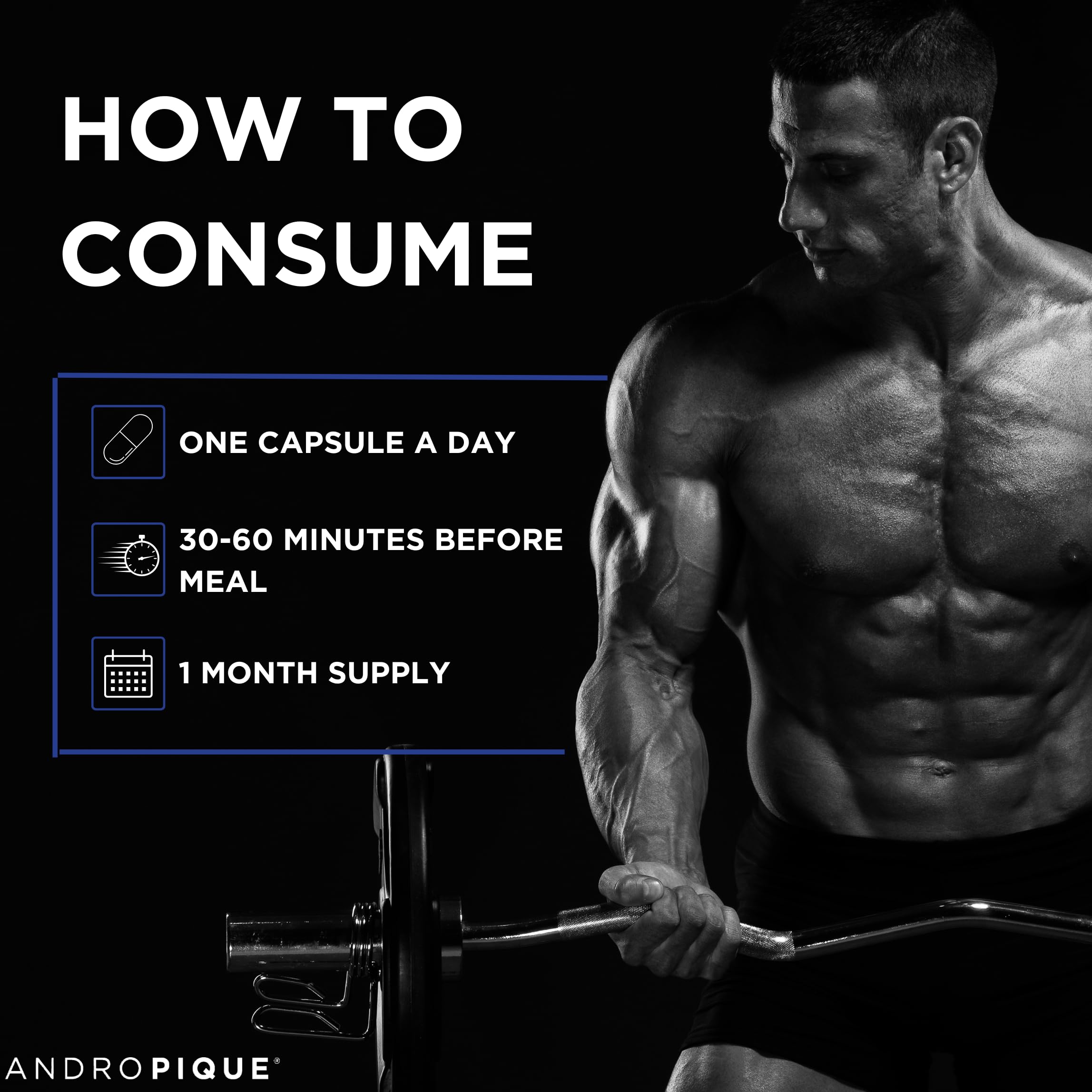ANDROPIQUE- Natural Testosterone Supplement for men| Clinically backed | Patented Fenugreek seed extract | For energy, stamina, performance & endurance | 30 capsules 1