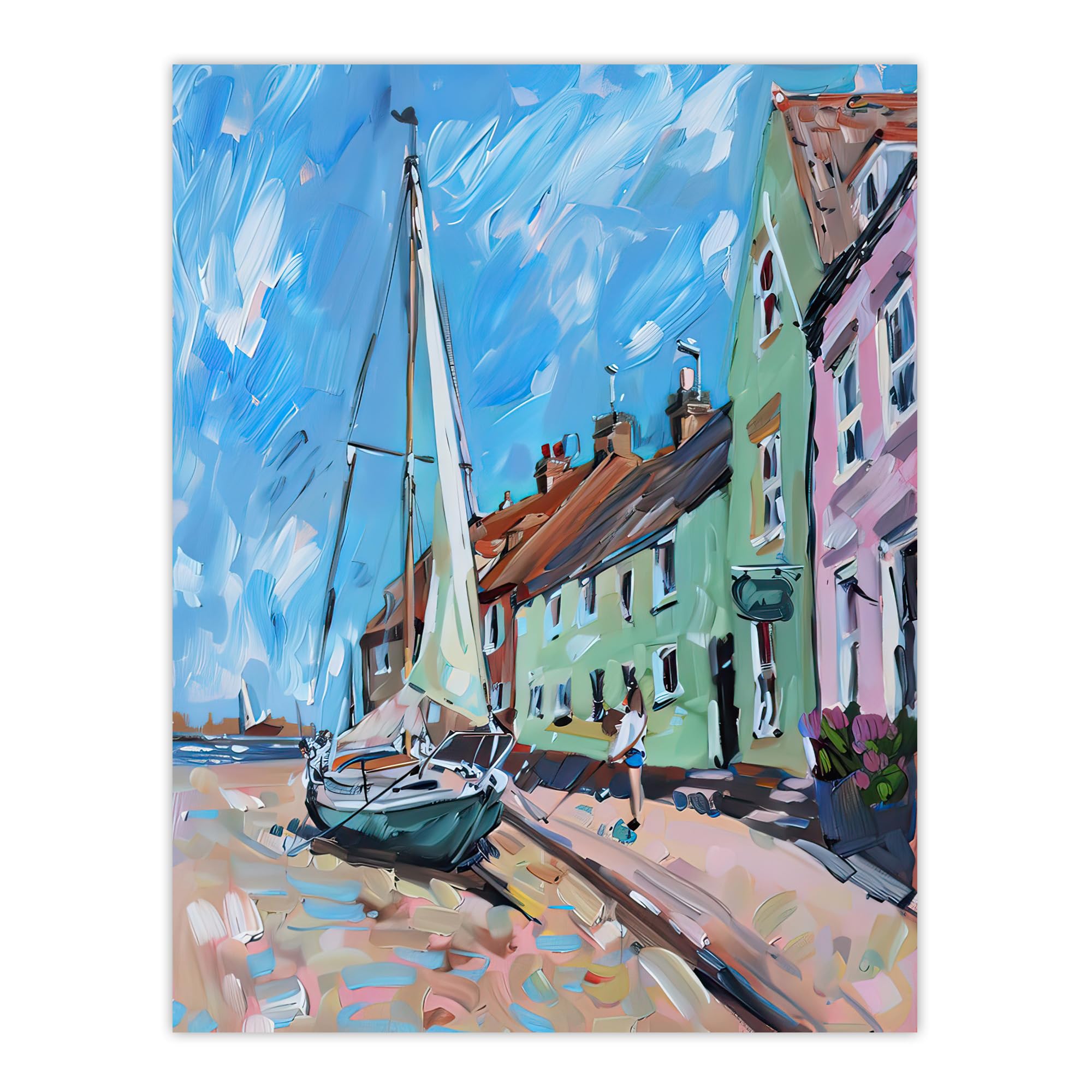 Aldeburgh Harbour Acrylic Painting - Sailboat Wall Art Print - Blue - W24 x H32 inch
