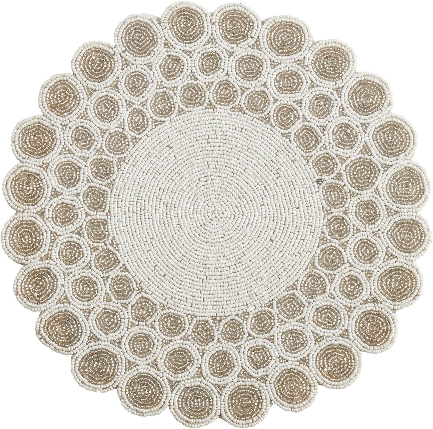 Fennco Styles Abigail Design Collection Vintage Circling Dots Floral Glass Beaded 14 x 14 Inch Place Mat – White Placemat for Banquets, Family Gathering, Special Events and Home Décor
