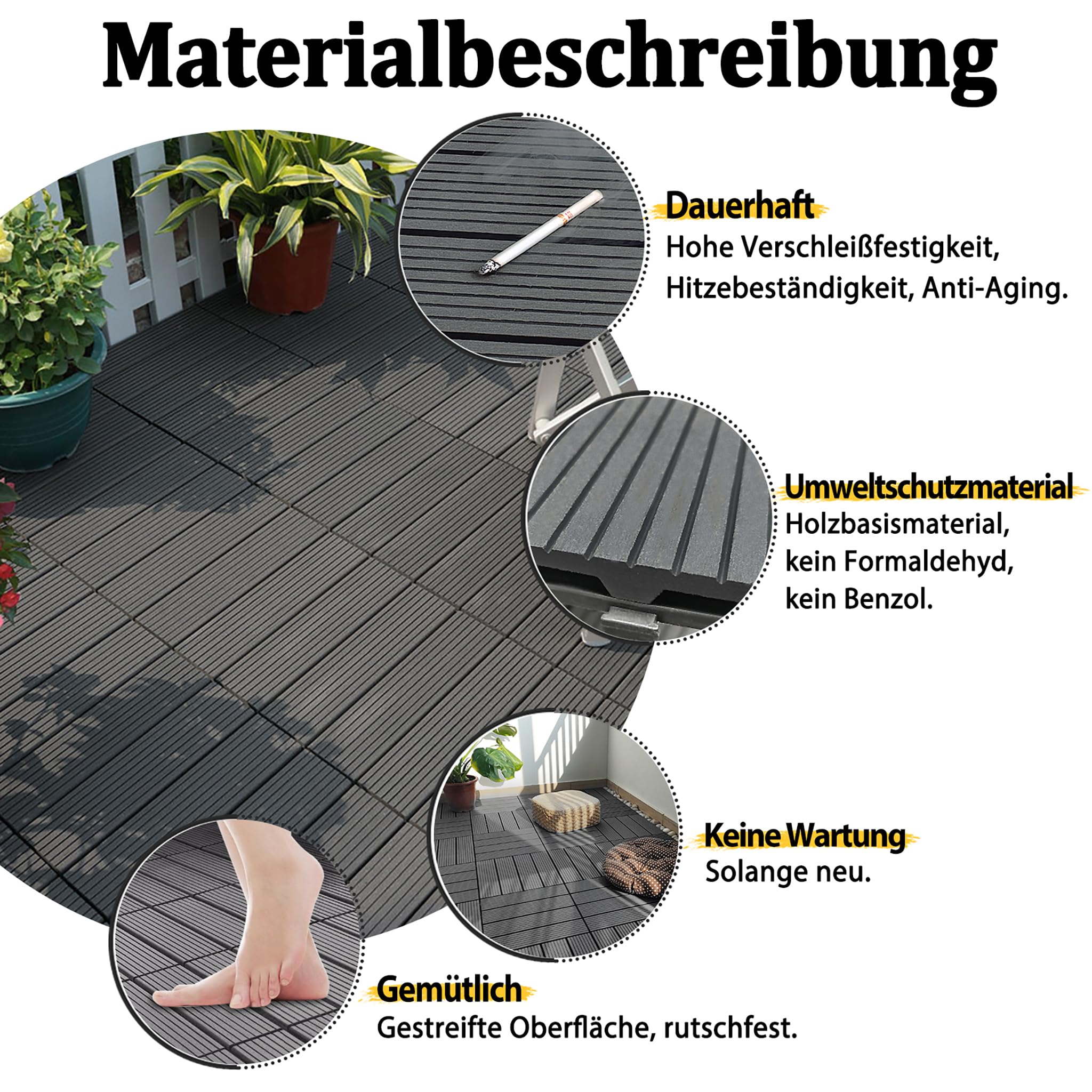 FIVMEN Terrastegels met kliksysteem, balkontegels, WPC, 30 x 60 cm / stuk, balkon, vloerbedekking, weerbestendig, met drainagefunctie, balkonvloer, houtlook, op maat te snijden, 6 stuks/1 m²