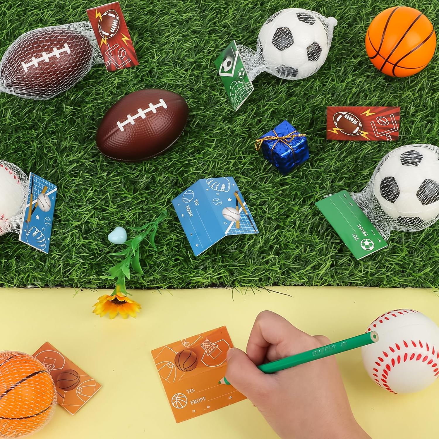Hooqict 16 Pack Stress Balls Valentines Day Cards for Kids Classroom Gifts Basketball Baseball Soccer Football Stress Balls Party Favors Mini Foam Sports Balls for Pinata Filler Goodie Bag Stuffers
