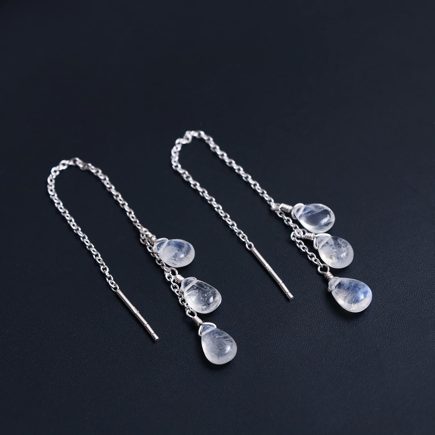 Sterling Silver Threader Earrings with Real Gemstone Beads - Elegant Pull-Through Design for Women, Dangling Western Earrings, Long and Short Adjustable Earring