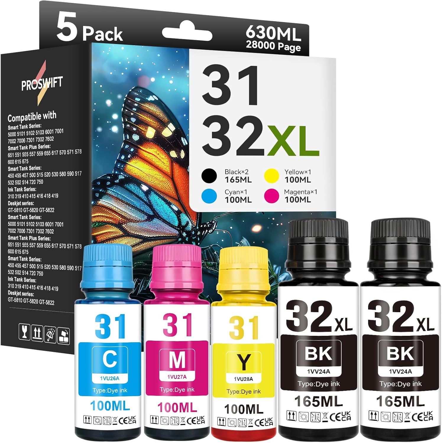 31 32XL Ink Bottle Set Smart Tank 7602 6001 Ink Refill Compatible with HP 31 Ink 32XL Black Ink Bottle Set for Smart Tank 7602 5101 5000 651 5103 6001 7301 7001 7302 5102 7002 7006 Printer