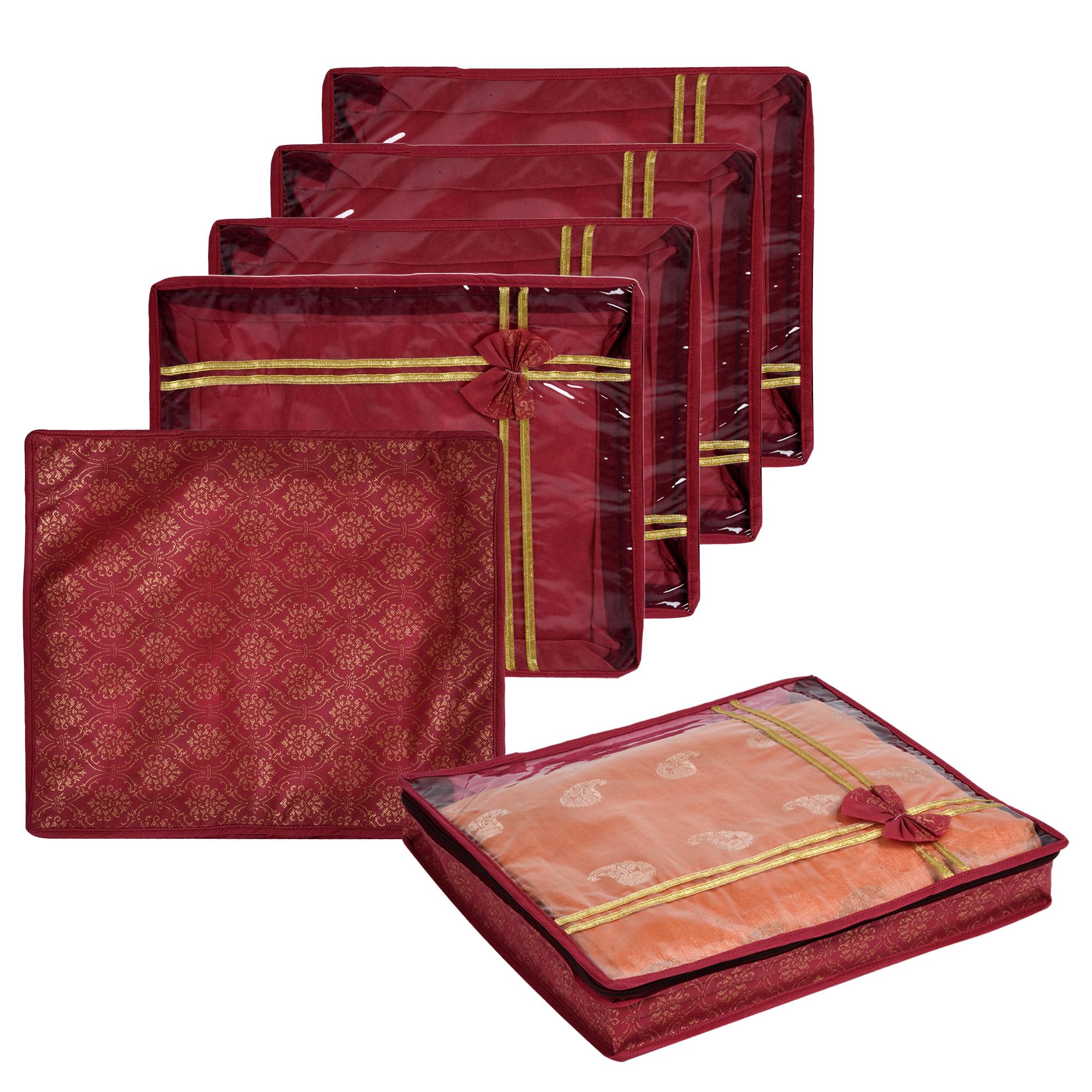 Kuber Industries Pack of 6 Saree Storage Bag | 3 Inch | Wardrobe Storage Bag | Clothes Storage Bag | Cloth Storage Organizer | Top Visible Window Saree Bag | Bow Golden Printed | Maroon