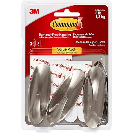 Command Designer Hooks, Medium, Brushed Nickel, 3-Hooks (17081BN-3ES), Great for dorm decor