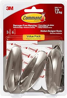 Command Medium Designer Hooks, Brushed Nickel, 3-Hooks, 6-Strips, Decorate Damage-Free