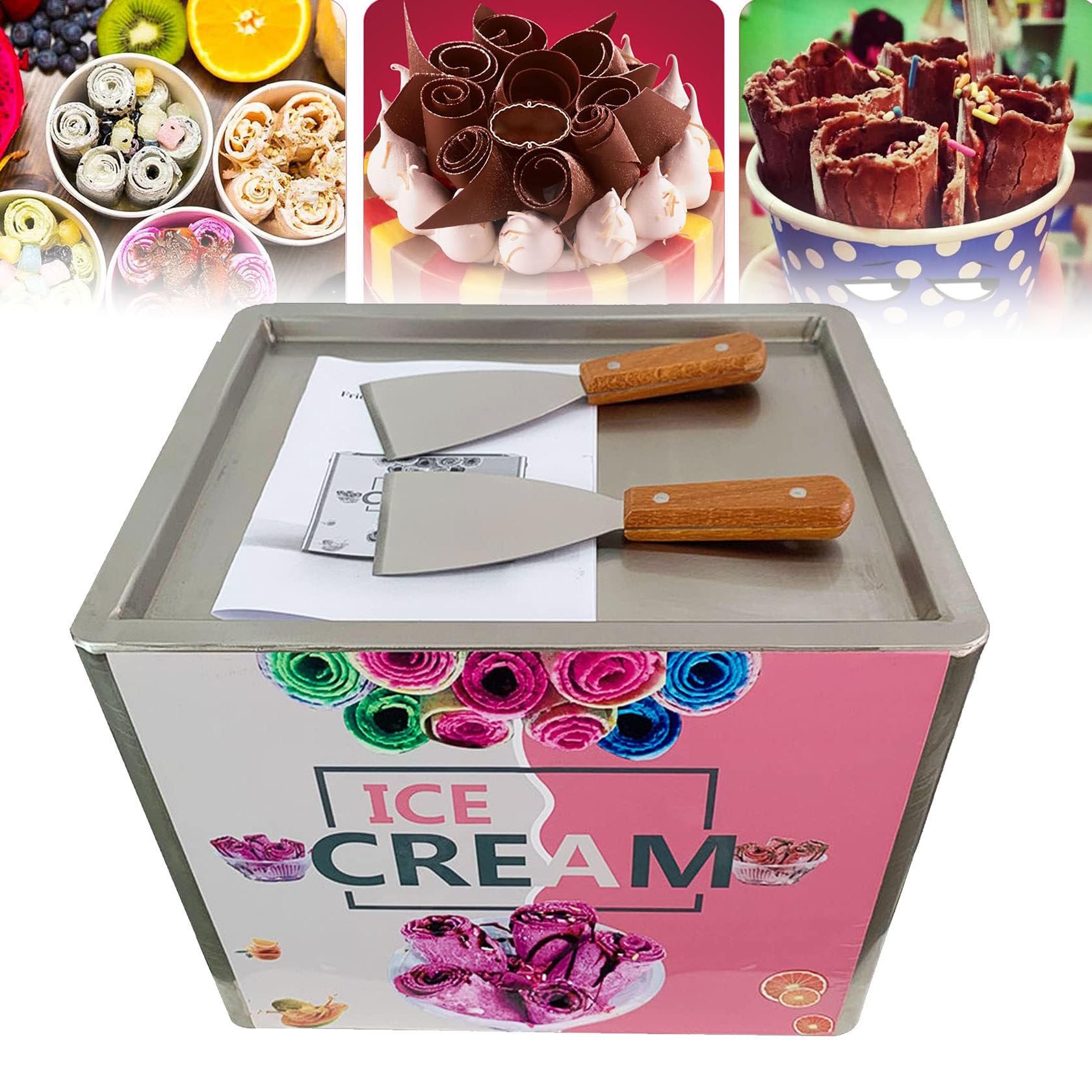 HCZKIUJY Ice Cream Roll Machine, Yogurt Fry ice Cream Machine, Fried Roling Ice Cream Machine with 2 Ice Cream Shovel for Cafe Bar Restuarant
