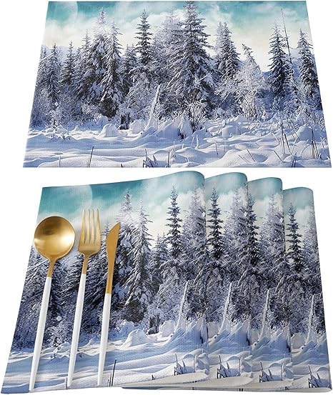 Amazon ランチョンマット 4 枚セット コットンリネン プレースマット おしゃれ テーブルマット綿 麻 雰囲気アップ 撥水 防汚 丸洗い お手入れ 簡単 滑り止め 摩擦 耐える 断熱 食卓飾り 給食ナフキン 布 美しい 雪 風景 ランチョンマット オンライン通販