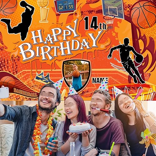 Miniatura 6 de Cartel personalizado de decoración de cumpleaños con temática de baloncesto de 14 años, pancarta de tela personalizada para suministros de fiesta de