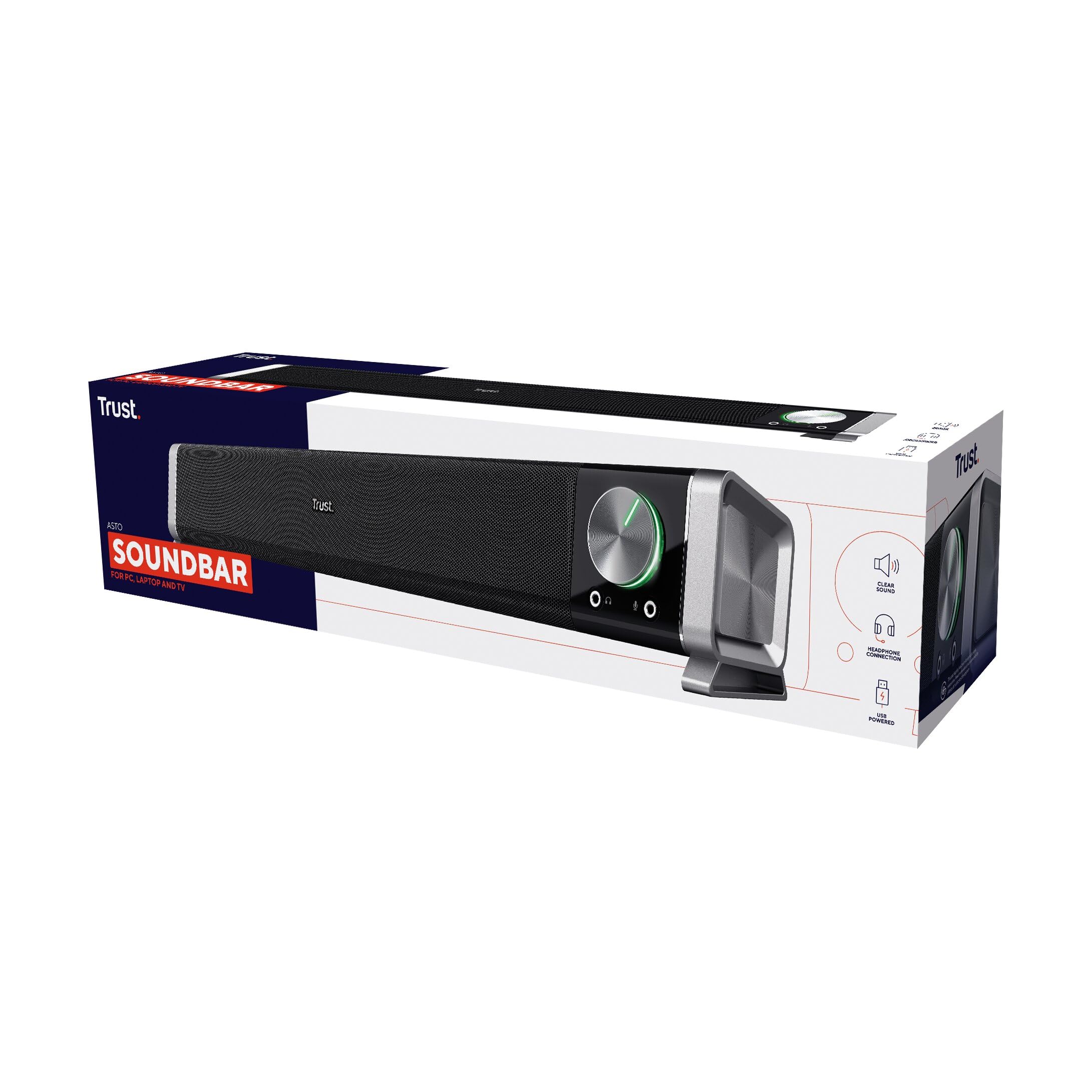 Trust Asto Soundbar 12 W Spitzenleistung (6 W RMS), PC Lautsprecher, USB Betrieb, 3,5 mm AUX Anschluss, Stereo Soundsystem, Computer Boxen für PC, Laptop, Monitor, TV, Musik, Audio - Schwarz