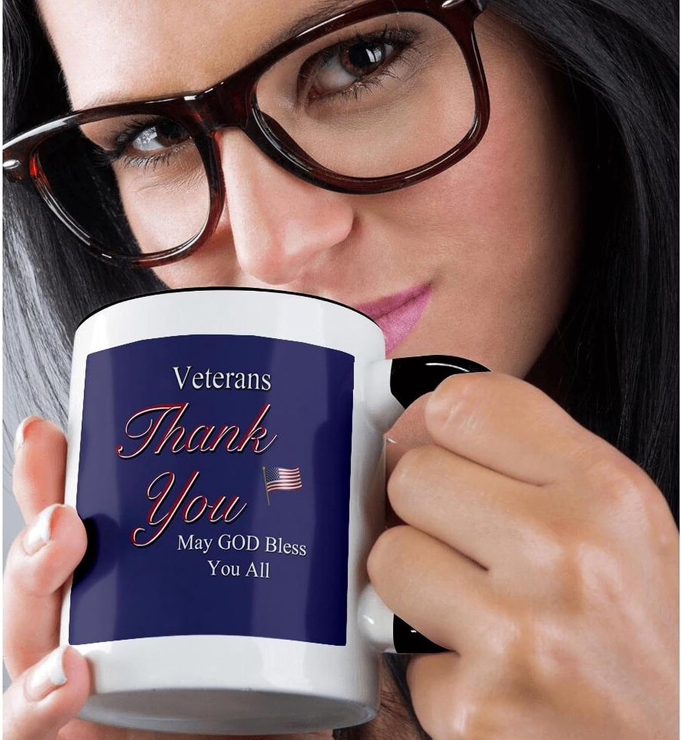 3dRose Thank You Veterans, May God Bless you all. Text art with USA flag in red, white and blue. 11oz Two-Tone Black Mug
