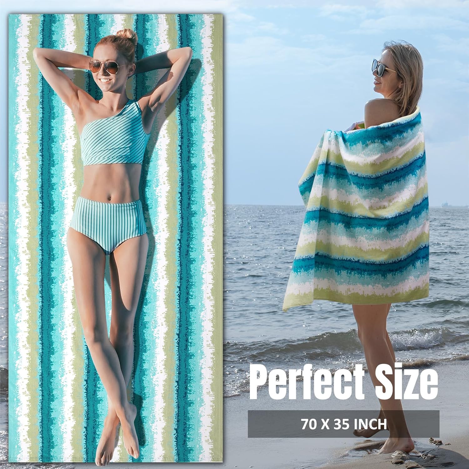 cabanana Large Beach Towel Oversized - Cotton Velour 35 x 70 Inch Coast Waves Camo Striped Terry Pool Towel, Cabana Soft Swimming Towel for Adults Women Men (Teal Green) - Image 3