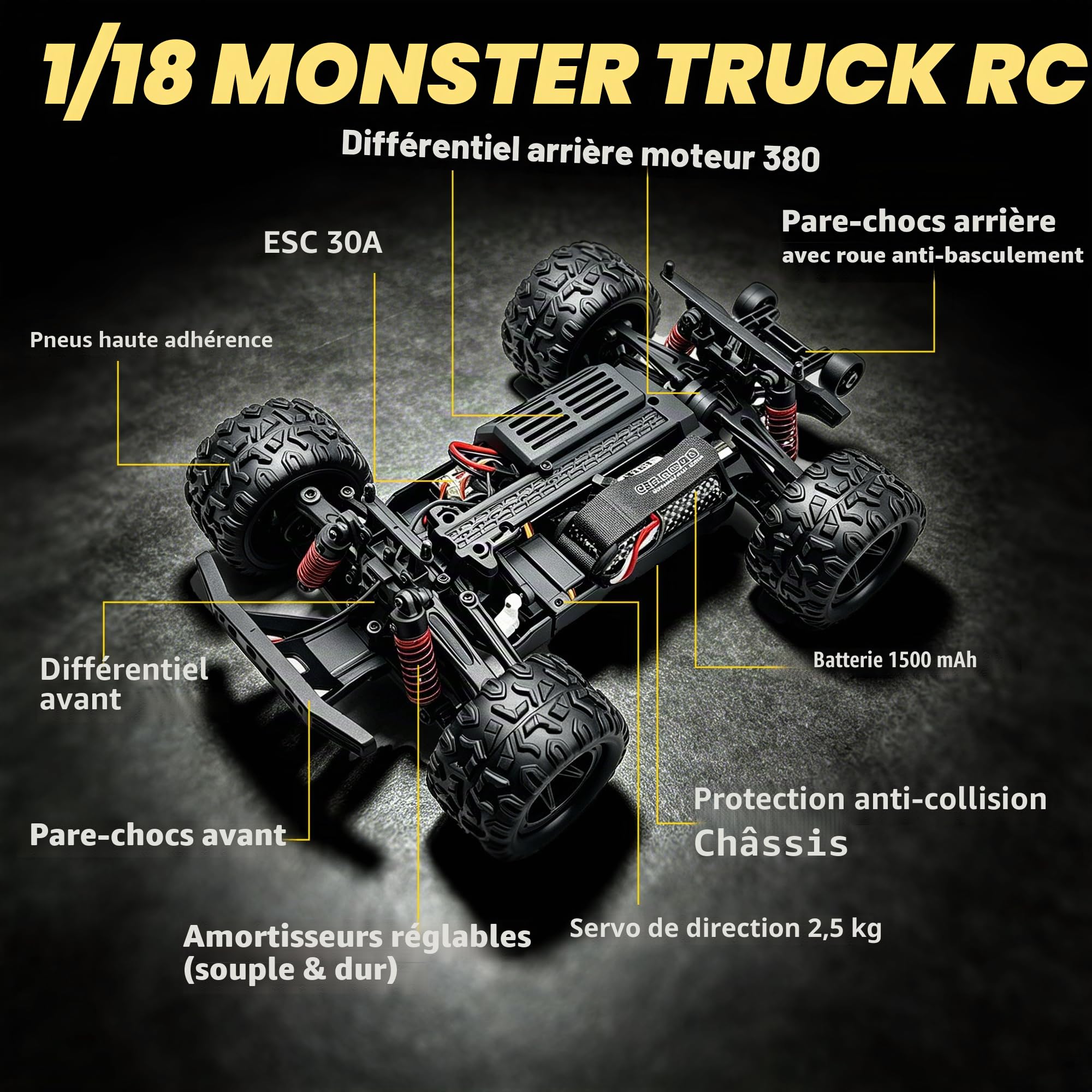 Voiture RC 1:18 4×4, véhicule télécommandé Tout‑Terrain Haute Vitesse 40 km/h avec 2 Batteries (45 Min d'autonomie), Camion Tout‑Terrain étanche IPX4 adapté au Sable, à la Boue et à la Neige