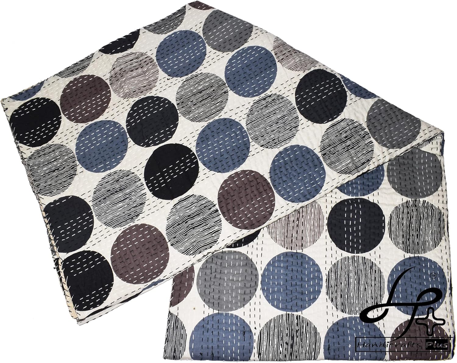 Twin/Single Size Kantha Quilt Beautiful Cotton Blanket Handmade Bedcover Traditional Bedspread Polka Dot Print Throw Black Color Blanket 60X90