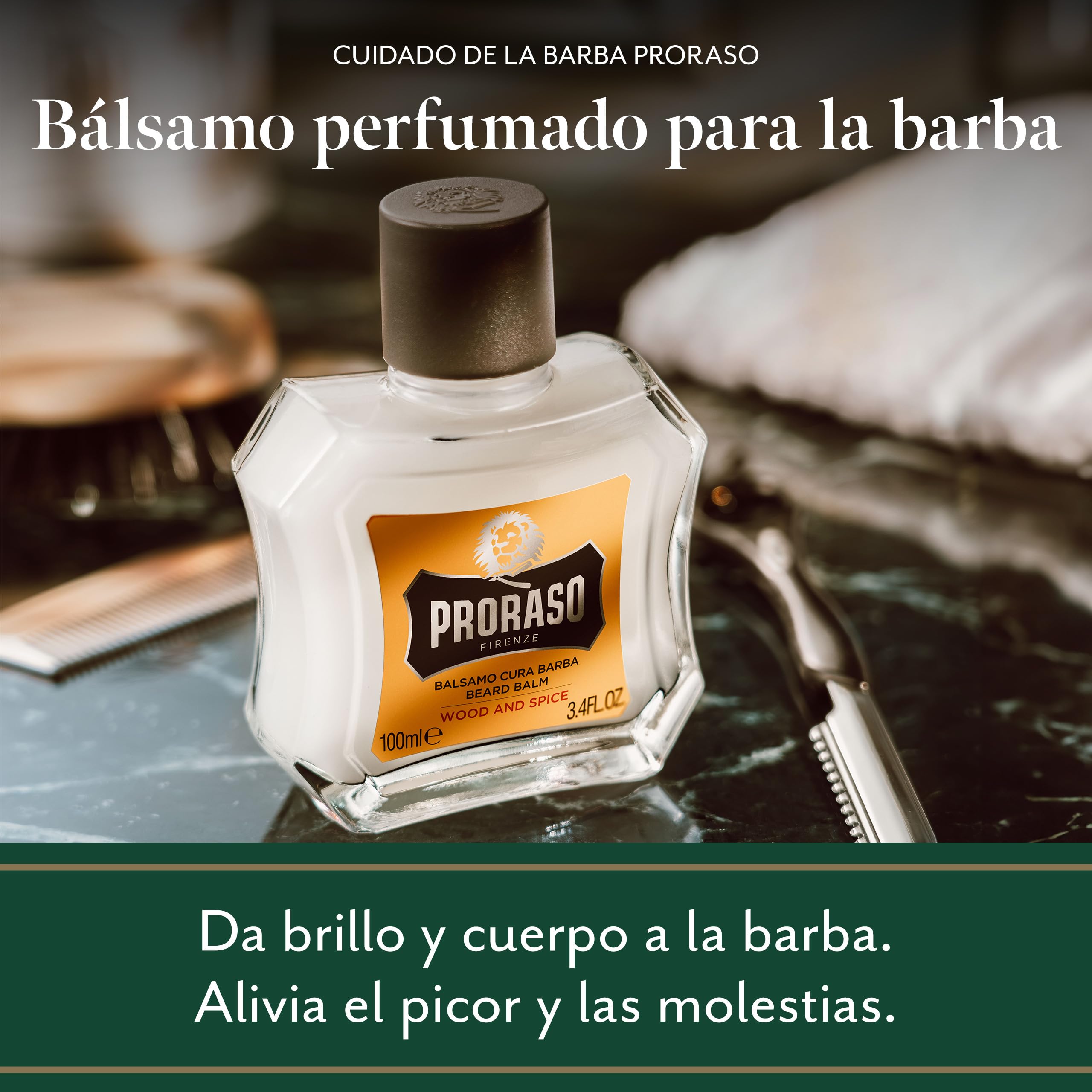Proraso Bálsamo barba, Wood and Spice, 100 ml, bálsamo barba hombre suavizante anti irritaciones, bálsamo para cuidado facial hombre de acción profunda