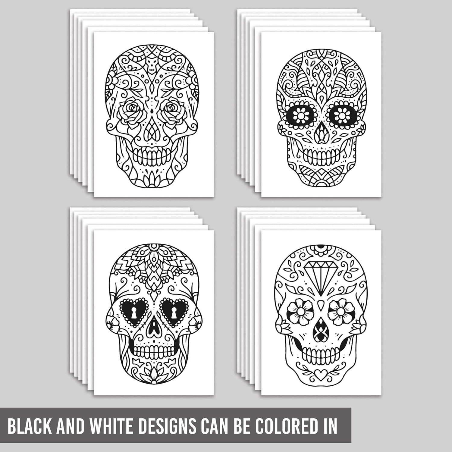 Halloween Holiday Cards - 24 Cards w/White Envelopes - Spooky Skull Skeleton Designs - Personalized Stationery Printed in the USA by RitzyRose (Coloring Skull)
