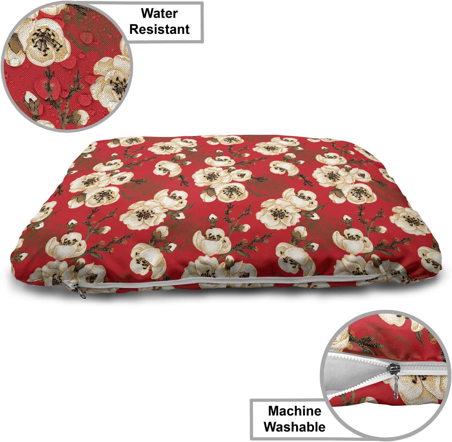 review Lunarable Japanese Pet Bed, Oriental Cherry Branches Sakura Bloom with Grunge Effect, Chew Resistant Pad for Dogs and Cats Cushion with Removable Cover, 24