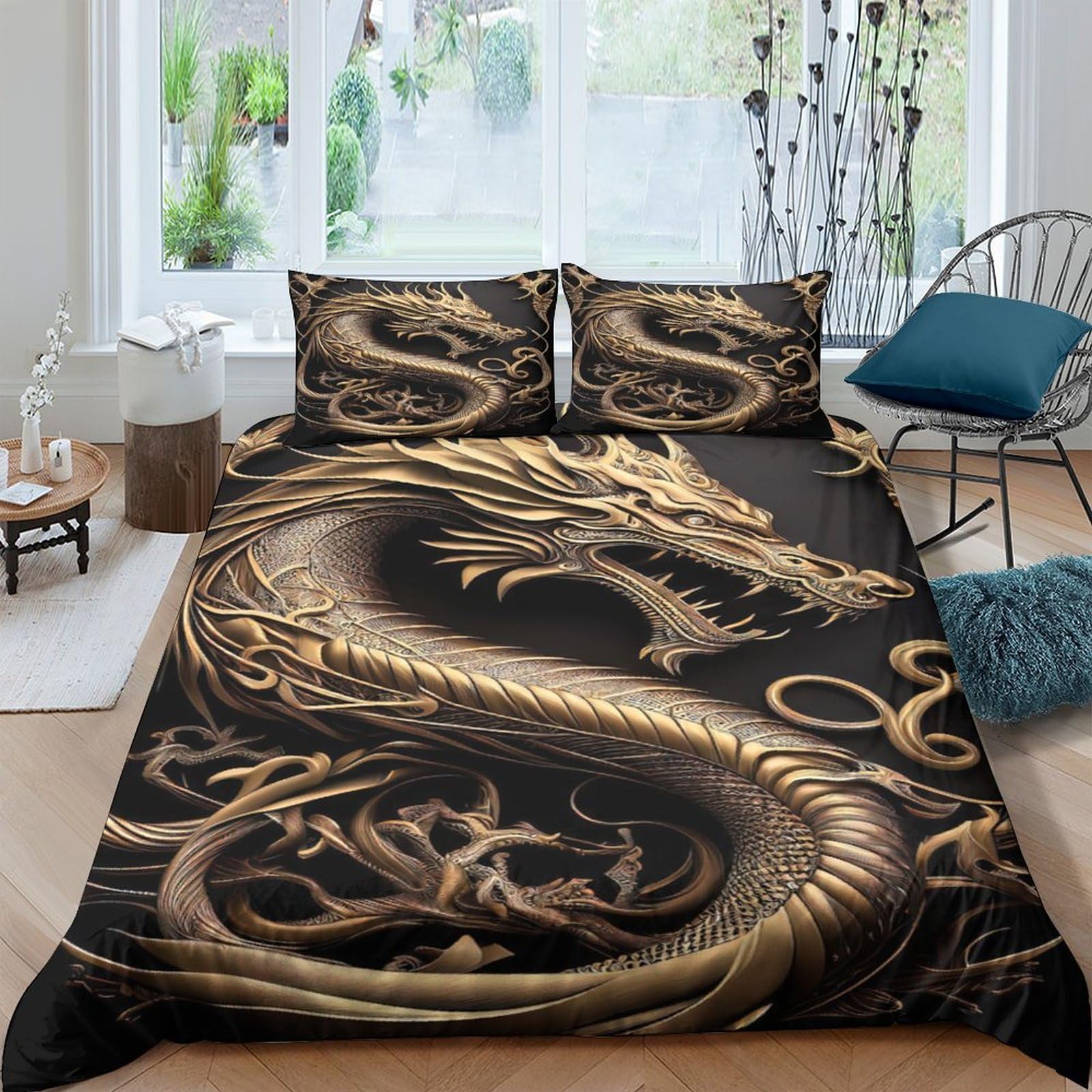 Ctjqhvkz Style-6 3D Printed Golden Dragon Fitted Sheet Microfiber Soft Durable Black Bed Sheet For Bedroom Guest Room Decor Single（135X200cm）