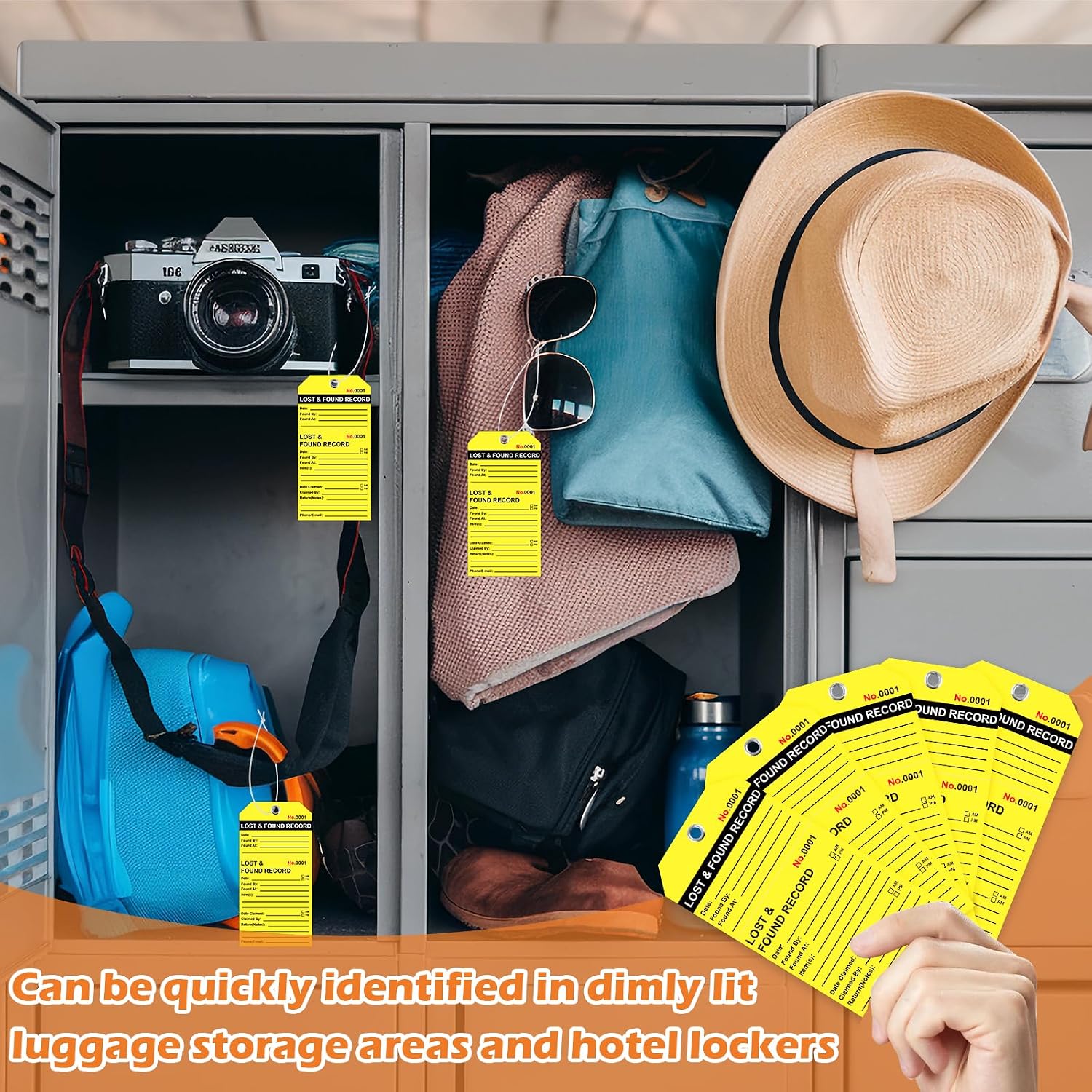 500Pcs Lost and Found Tags with Elastic String Attached &Marker Fluorescent Yellow Paper Lost & Found Record Tags 5 1/4" x 2 5/8" Black Printing Property Tag for Hotel Restaurants Luggage Storage