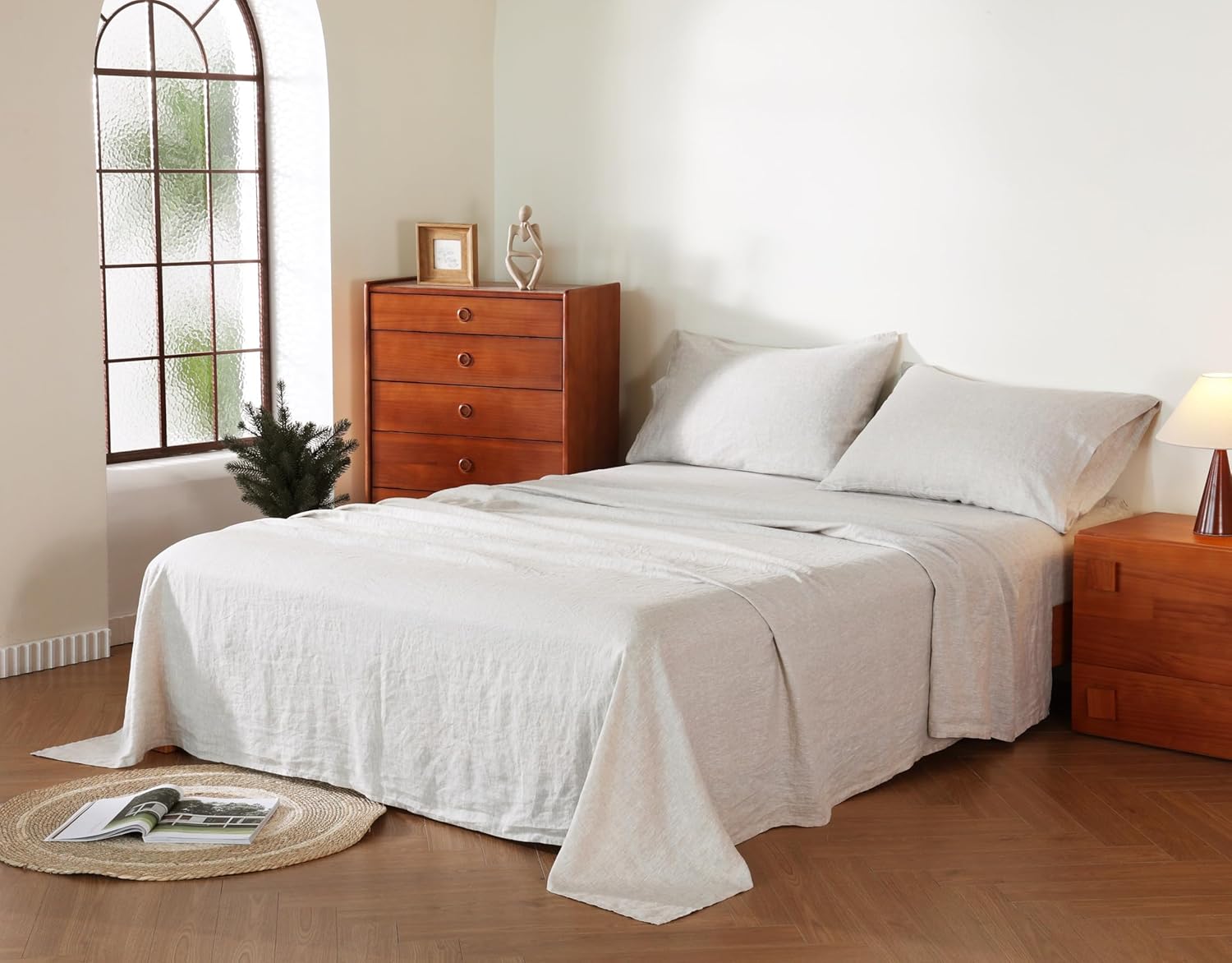 100% French Flax Linen Sheet Set, Bed Sheets Breathable and Durable, 4 Pcs Set - 1 Flat Sheet, 1 Fitted Sheet, 2 Pillowcases, 16 Inch Deep Pocket, All Season (Natural Linen, Queen)