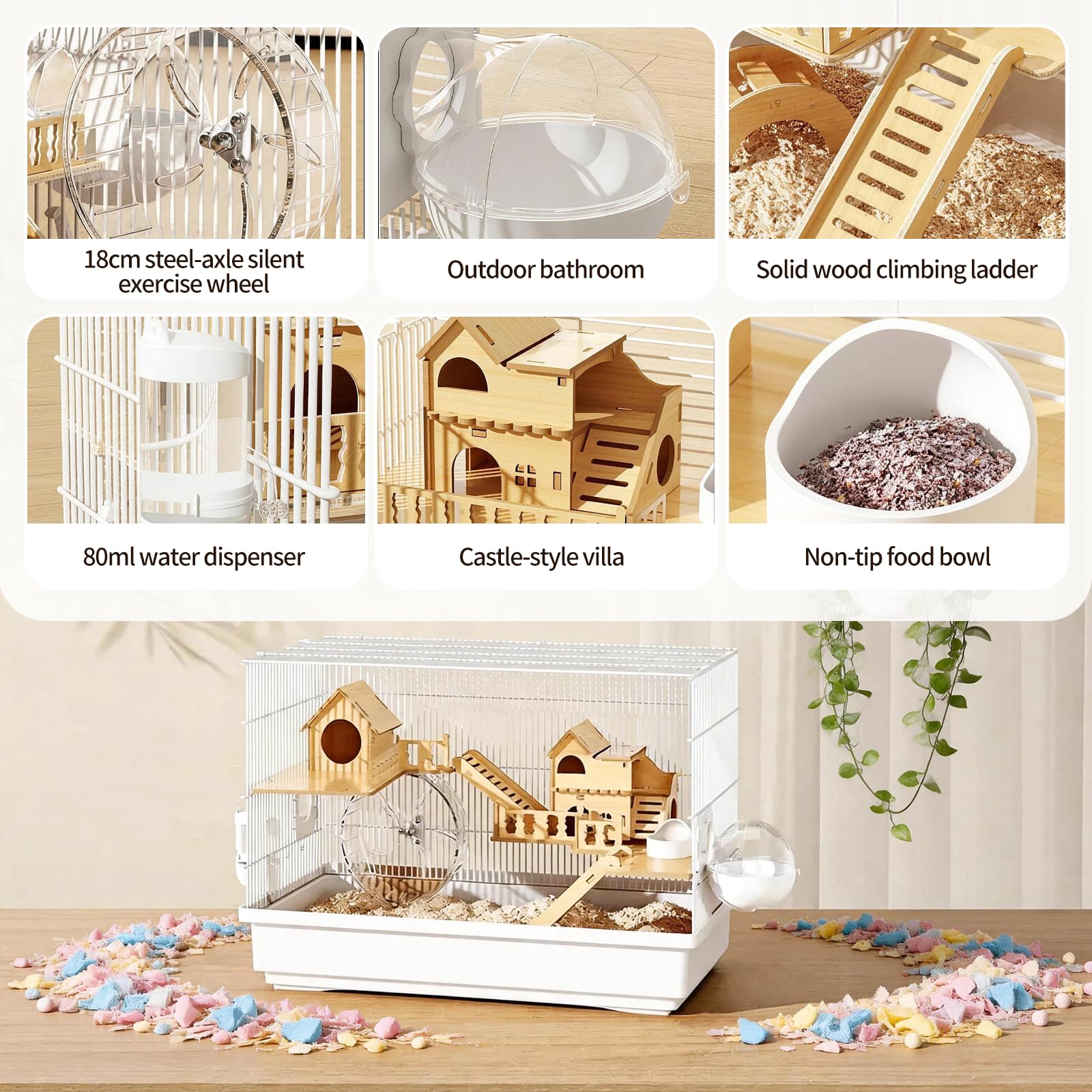 Gabbia per criceti 3 ripiani, gabbia per animali piccoli, resistente al morso, dotata di girante, borraccia e set di accessori da 10 pezzi, 60 x 32 x 40 cm, gabbia per criceti in legno, facile da