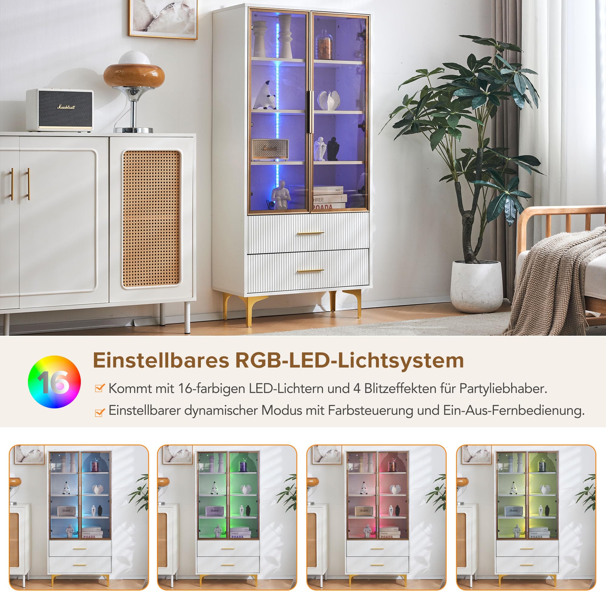 Elegante vitrina de cristal con dos puertas, 70 x 35 x 150 cm, puertas de cristal, patas doradas, estantes móviles, luz LED, armario alto