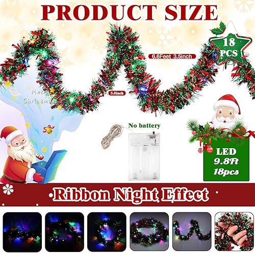 Miniatura 2 de Ceenna Guirnalda de oropel de Navidad de 118 pies con 18 luces LED, decoración de guirnalda de Navidad de pino artificial, guirnalda metálica de