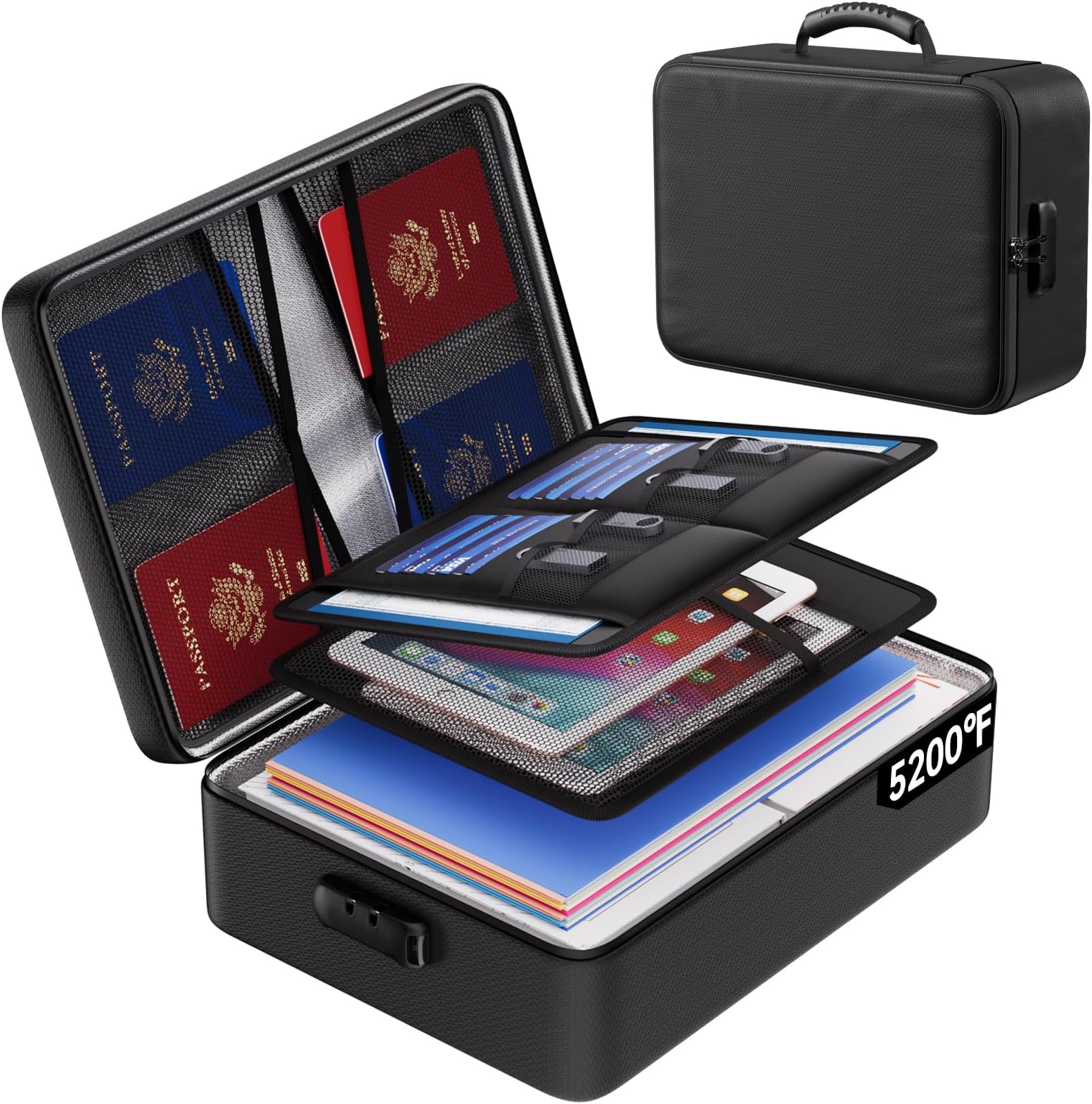 ENGPOW 5200°F Fireproof Document Bag with Lock, Upgraded Heat Insulated Fireproof Box 8 Layers File Organizer, Portable Home Travel Safe Storage for Important Documents,Passports,Laptop, Black(Soft)