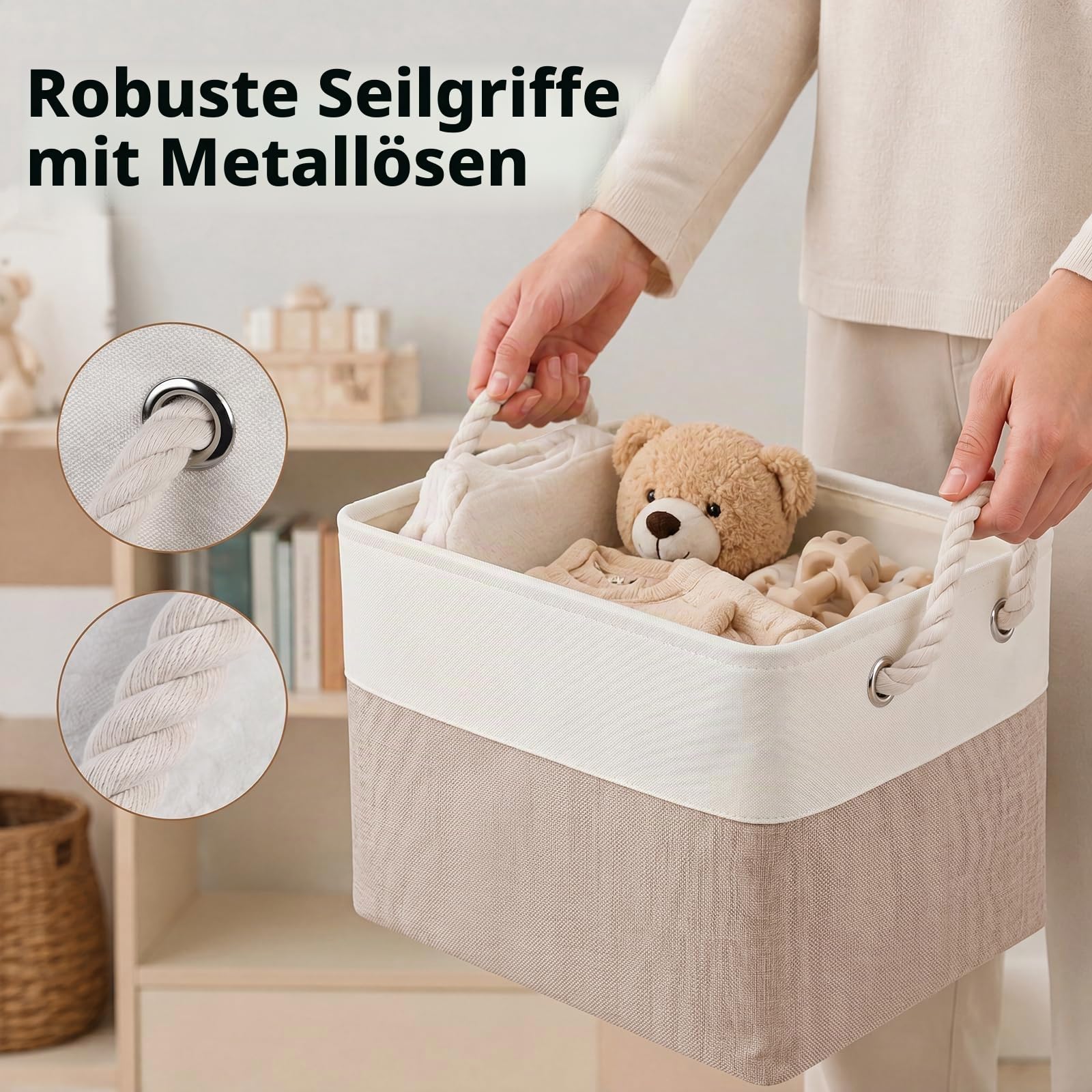 33×38cm Aufbewahrungsbox,Aufbewahrungskorb aus Stoff mit Tragegriffen,6 Stück faltbare Aufbewahrungskörbe,Geeignet für Bad,Schlafzimmer,Büro,Arbeitszimmer und Kinderzimmer(Weiß & Beige)