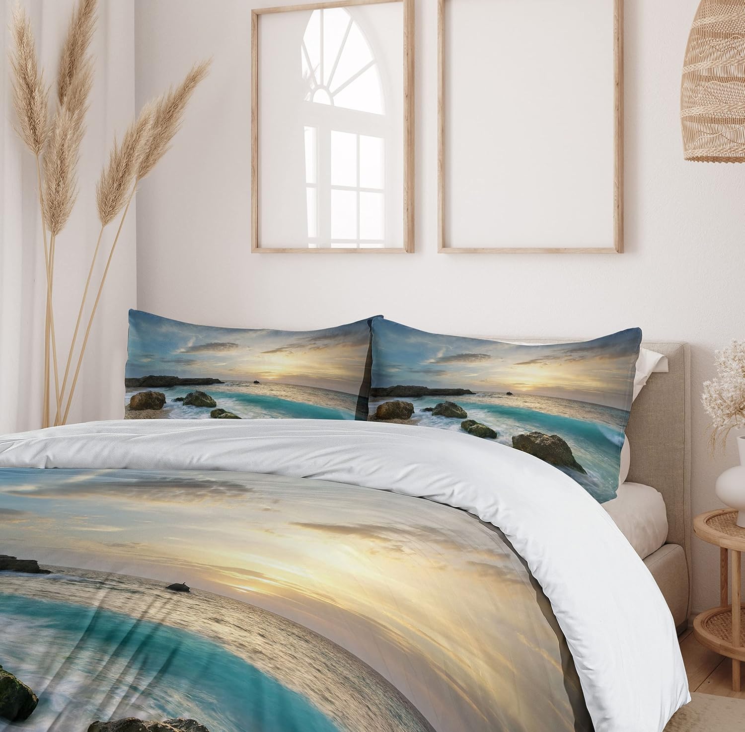 Ambesonne Ocean Duvet Cover Set, Seascape Composition of Nature Rocks Waves Cloudy Sky Rising Sun Beach Photo, Decorative 3 Piece Bedding Set with 2 Pillow Shams, Queen Size, Brown Blue Yellow Queen Brown Blue Yellow