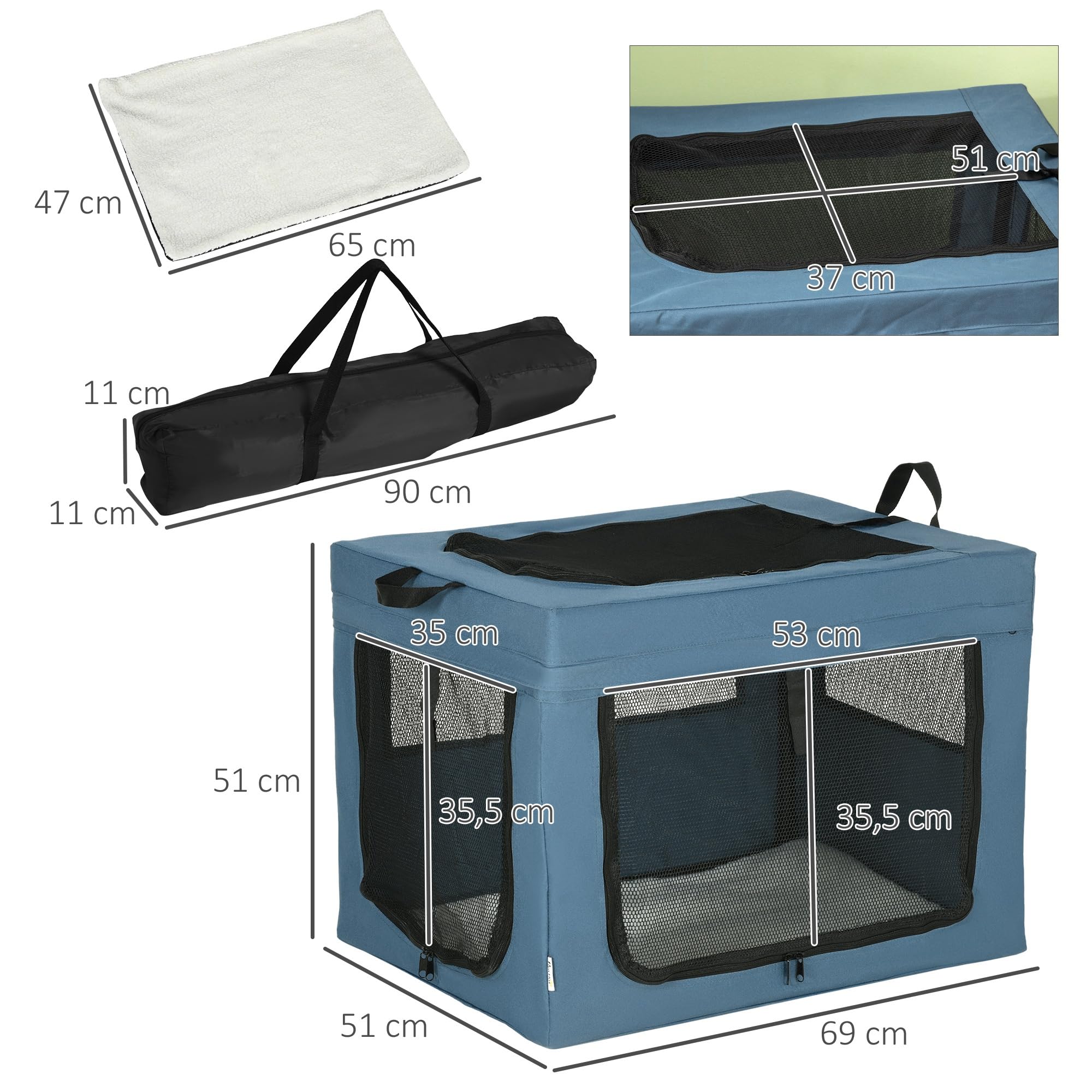 PawHut Sac de Transport Pliable pour Animaux de Compagnie avec poignée Ouverture supérieure Tissu en Maille - 69 x 51 x 51 cm - Bleu Noir