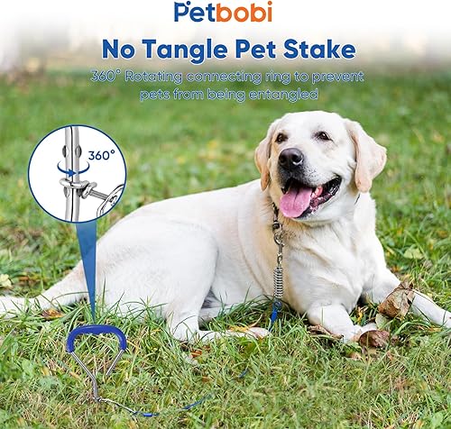 Miniatura 4 de Estaca de amarre para perro Petbobi - Anclaje resistente de 16" para patio y camping, acero sólido de 9mm, asa de agarre suave en espiral con anillo