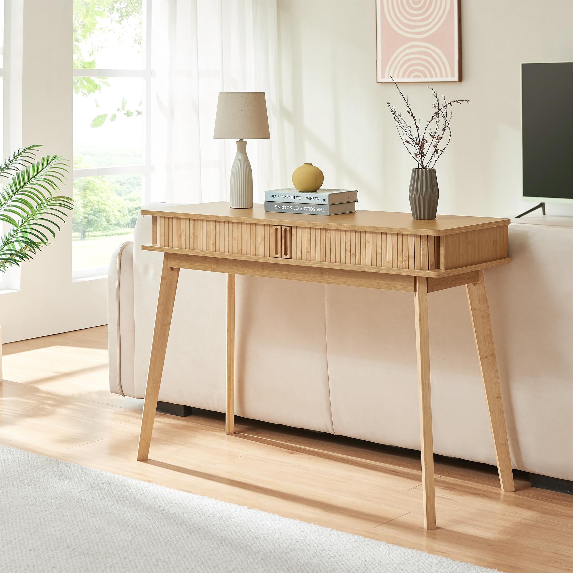 [en.casa] Tavolo a Consolle con 2 Ante Scorrevoli e Gambe in Bambù Mobile Alto Stretto Tavolo da Ingresso con Vani Chiusi per Soggiorno Studio 110 x 40 x 78 cm - Naturale