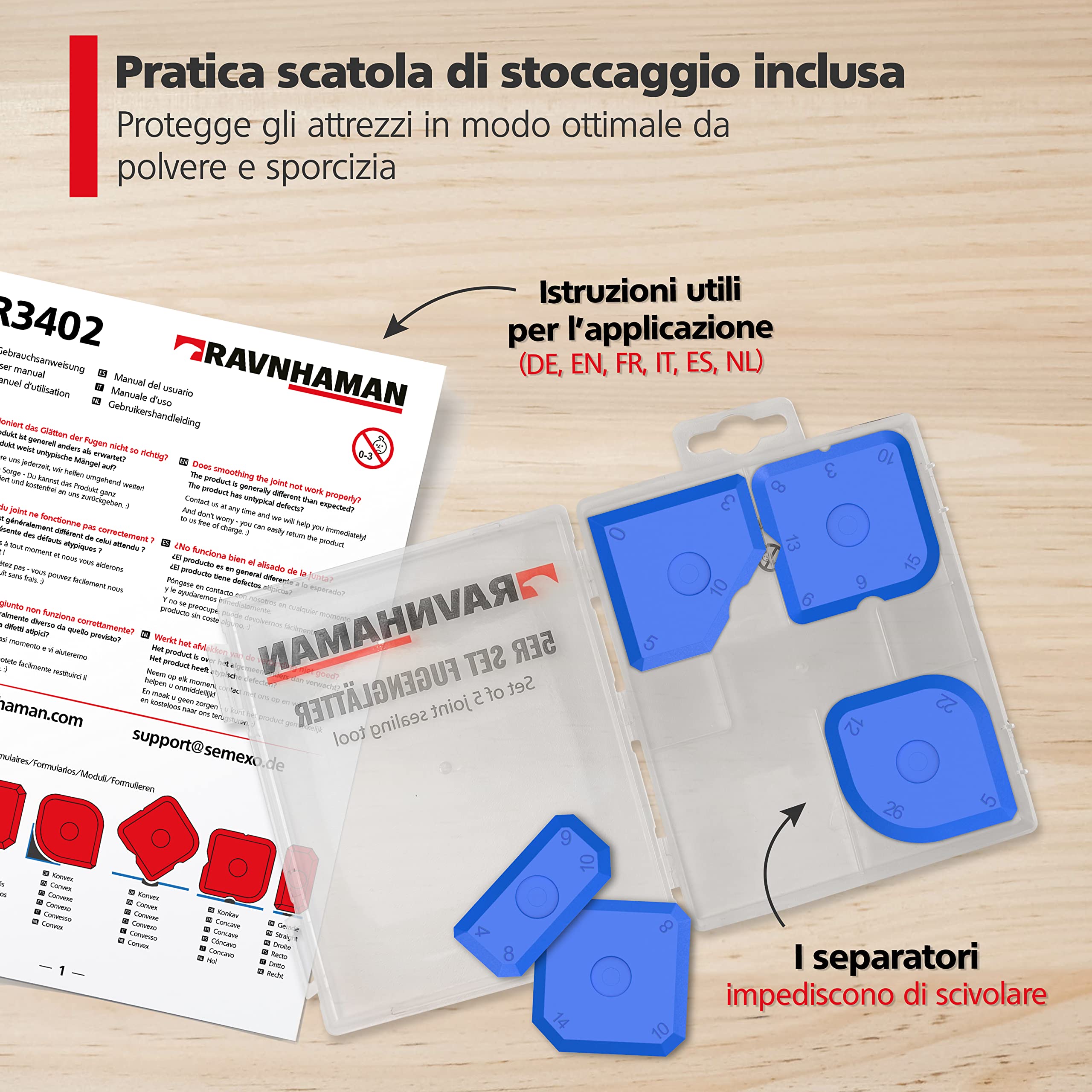 RAVN HAMAN Set di 5 Strumenti per Calafataggio Blu - Kit di raschietto spatola per sigillante con 23 forme diverse - Spatola per giunti per silicone e acrilico - Con scatola di custodia